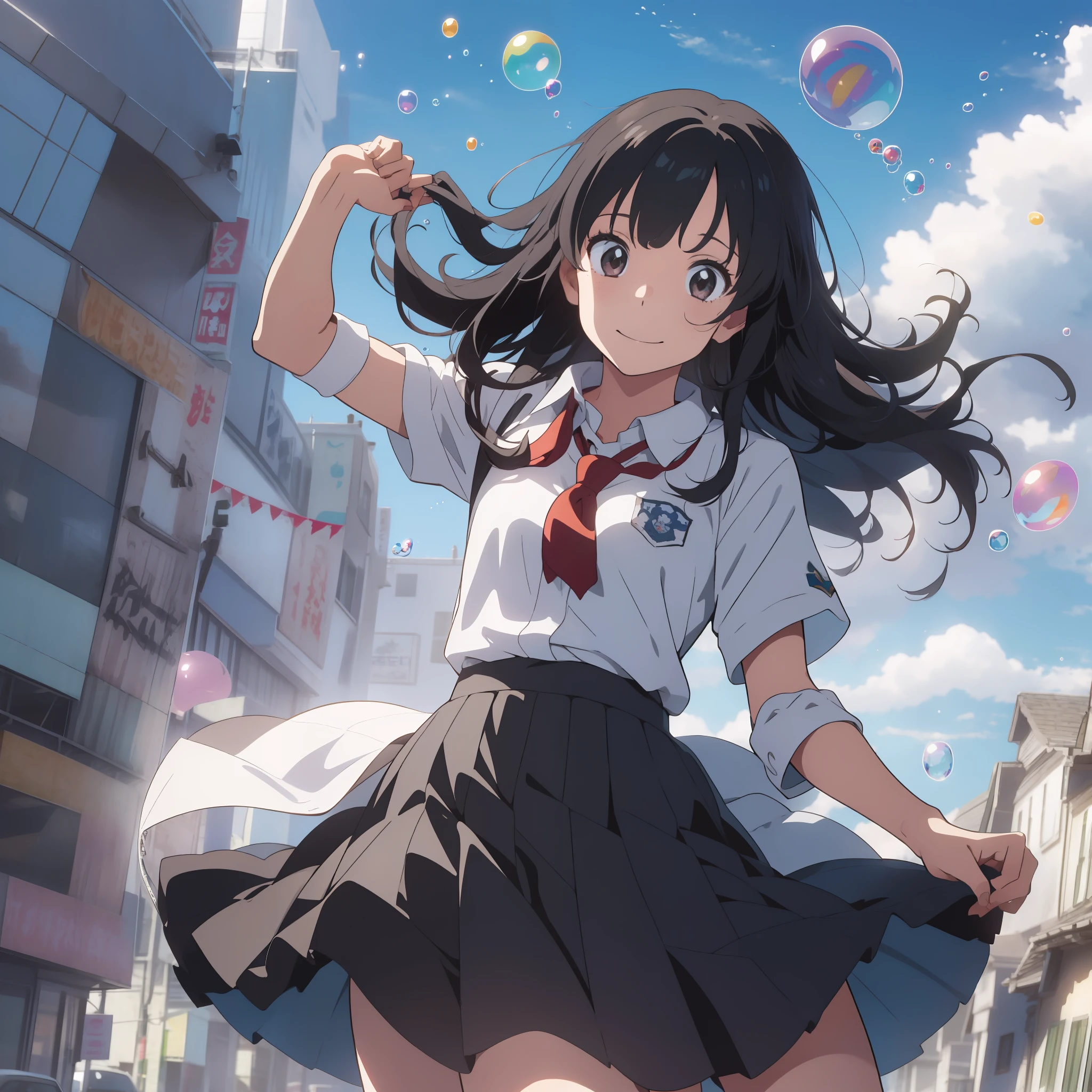 1 girl, clothes pull, uniform, strong wind blowing, skirt pull, wind lift, rooftop, masterpiece, top quality, very detailed, sky, shirt tug, clouds,fun, smile, building, wide shot, ((big whale flying in the sky: 1.4)),school of fish flying in the sky, soap bubbles, bubbles, bubbles, Makoto Shinkai, anime art, digital art, dynamic angle,
