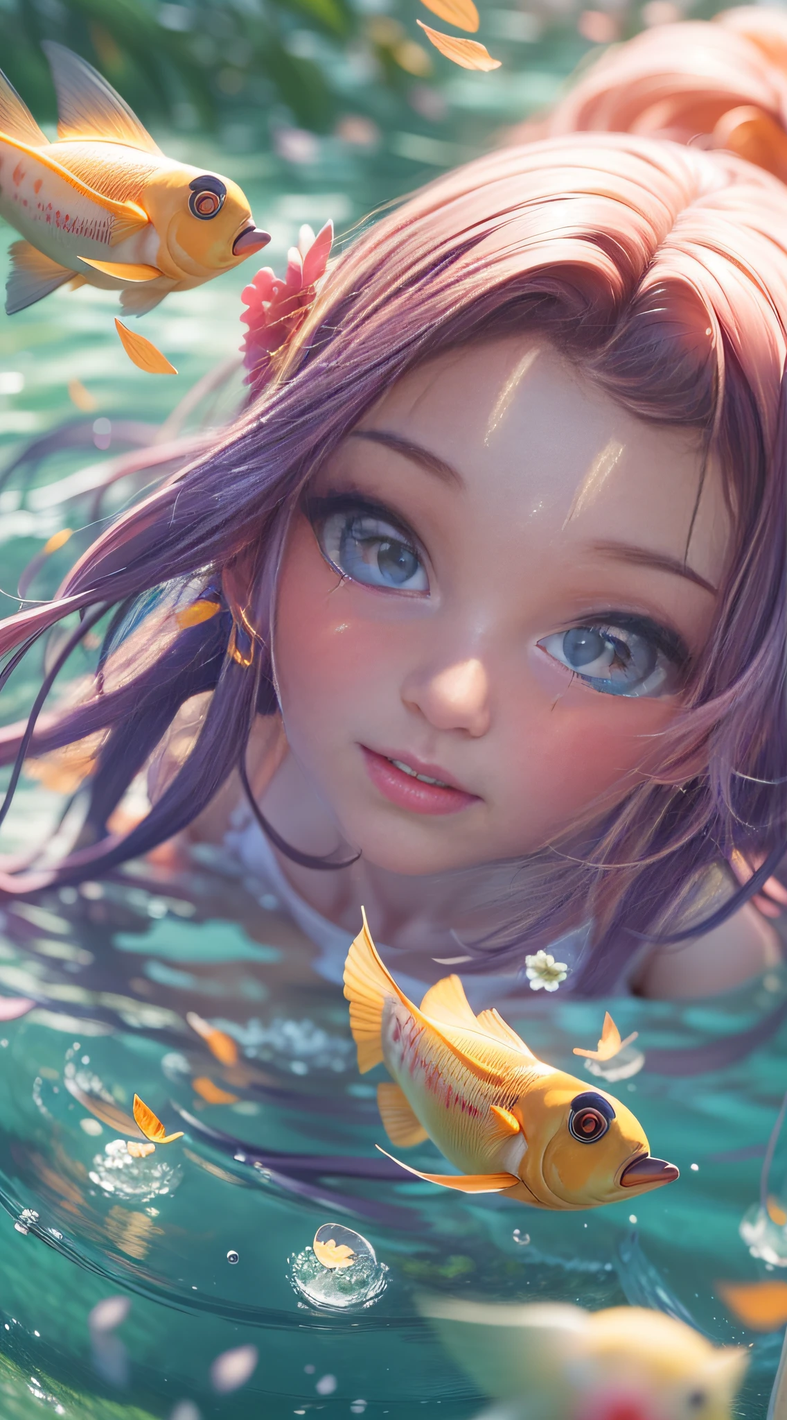 Dynamic Angle,The upper part of the body, (Falt color:1.3),(Look at Vivier:1.8),Colorful,(Floating colorful wind),(Highest picture quality),(Master's work), (Detailed eye description),(macro shot:1.25),(8K wallpaper),(Detailed face description),Depth of field,(Lens flare),floating colorful water,rain,Small rivers,wilderness,Small dust, ((breeze)), (Floating wind),Summer,Sunset, horizon,(The background is blurred out), Road by the sea,Mountains and forests,water,wading,partly_submerged,(Strong sunlight:1.2),(altocumulus:1.2),Bird, Butterfly, Falling petals,(Close-up:1.2),(fish eye:1),1🐻girl, The hair is pinkish and black, Detailed beautiful eyes, ear Nipple Ring, (intricate clothes:1.3),Short skirt, ruqun,Bare shoulders,(Short dress),(From above:1.3),full body,