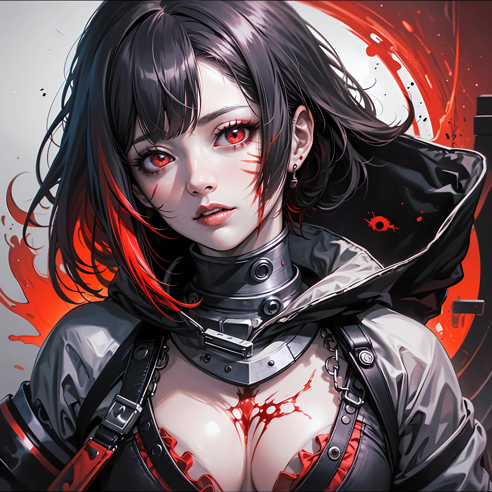 tmasterpiece,Close-up of a woman with blood red eyes,Red and black gradient hair,Confused pupils,style of junji ito,Morbid style,Shy,Stitch marks on the face,Black and white clothes,with red and black background,Highest image quality,fearsome,8K