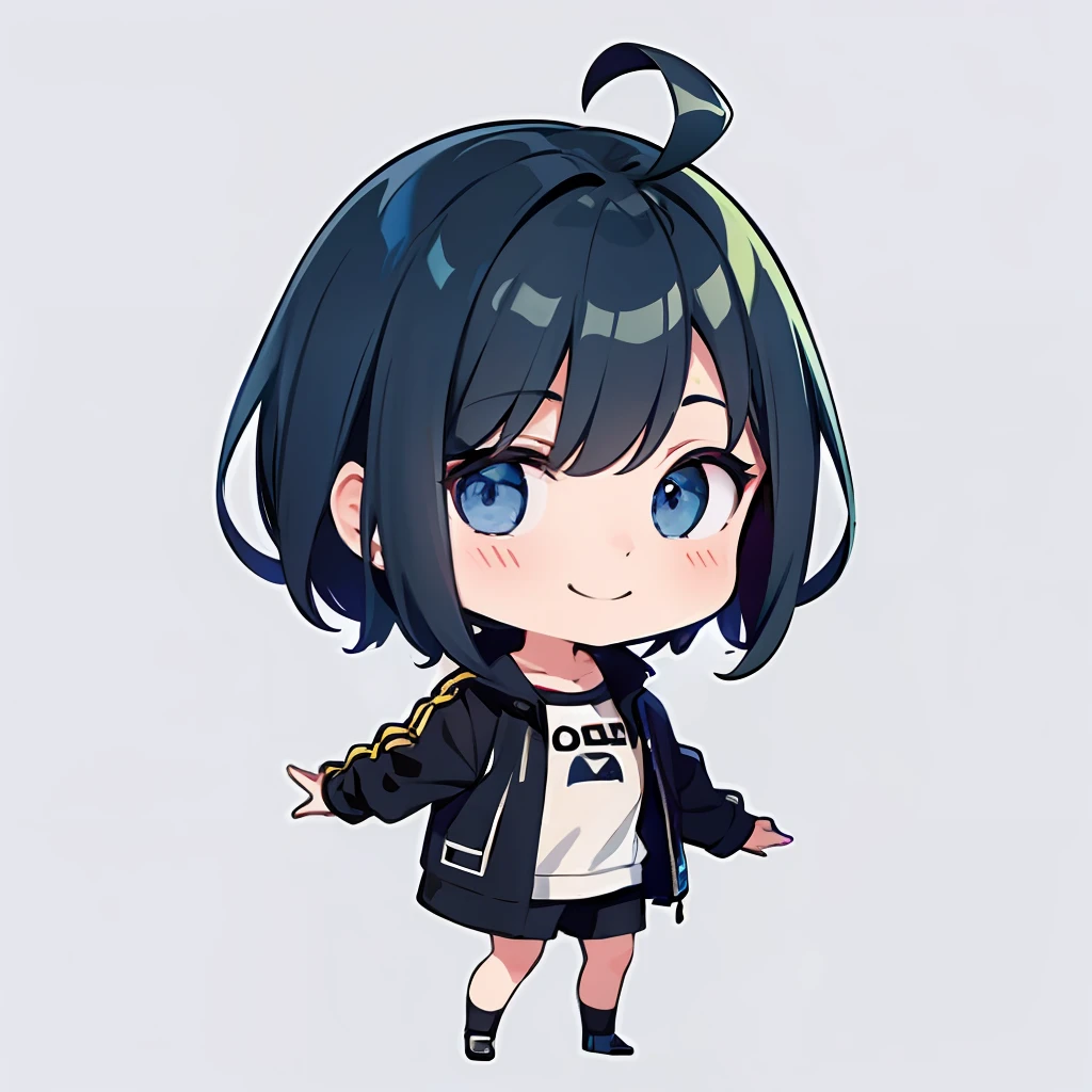 超A high resolution, Best aesthetic, Top quality depiction of the foot, Put on a jacket,  Black and blue hair on the back, Flat Avatar,  Anime visuals of cute girls, Cute art style, Chibi,  Shorthair, Ahoge, is shy, A smile, hair adornments,drawing on paper,  simple background, 耳环, jewely, side locks, large oval eyes,