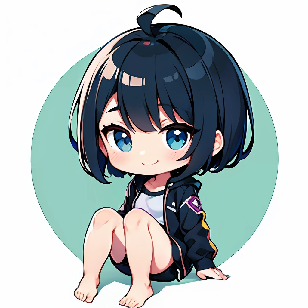 超A high resolution, Best aesthetic, Top quality depiction of the foot, Put on a jacket,  Black and blue hair on the back, Flat Avatar,  Anime visuals of cute girls, Cute art style, Chibi,  Shorthair, Ahoge, is shy, A smile, hair adornments,drawing on paper,  simple background, 耳环, jewely, side locks, large oval eyes,