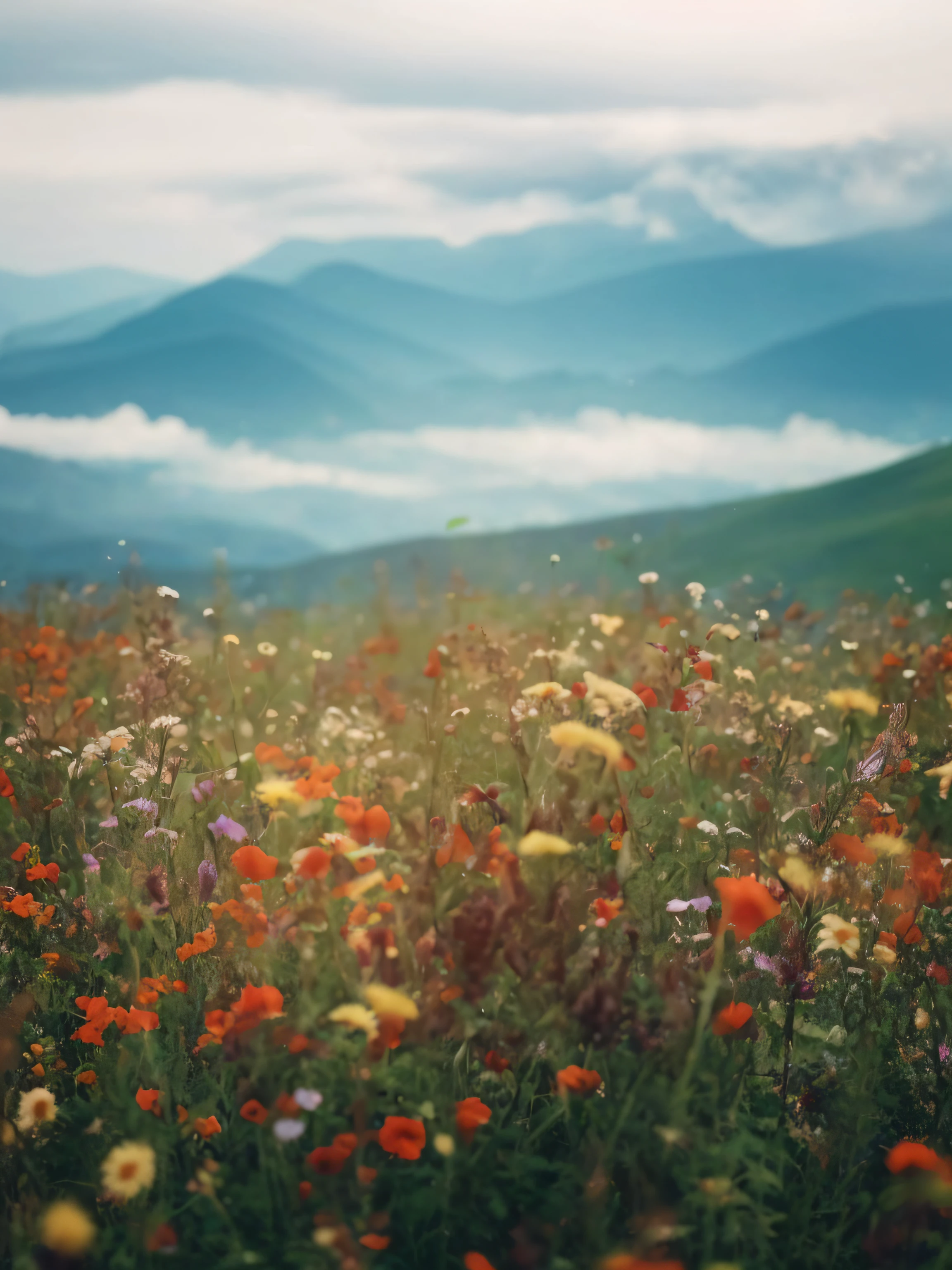 There is a field of flowers,The background is mountains, an aesthetic field of flowers, Vast lush valley flowers, wild flowers field, flower field, meadow with flowers, flower field, wildflowers, wildflowers, flower field, in a field of flowers, field of fantasy flowers, Flowers meadow, stunning nature in background, Beautiful nature, field of mixed flowers
