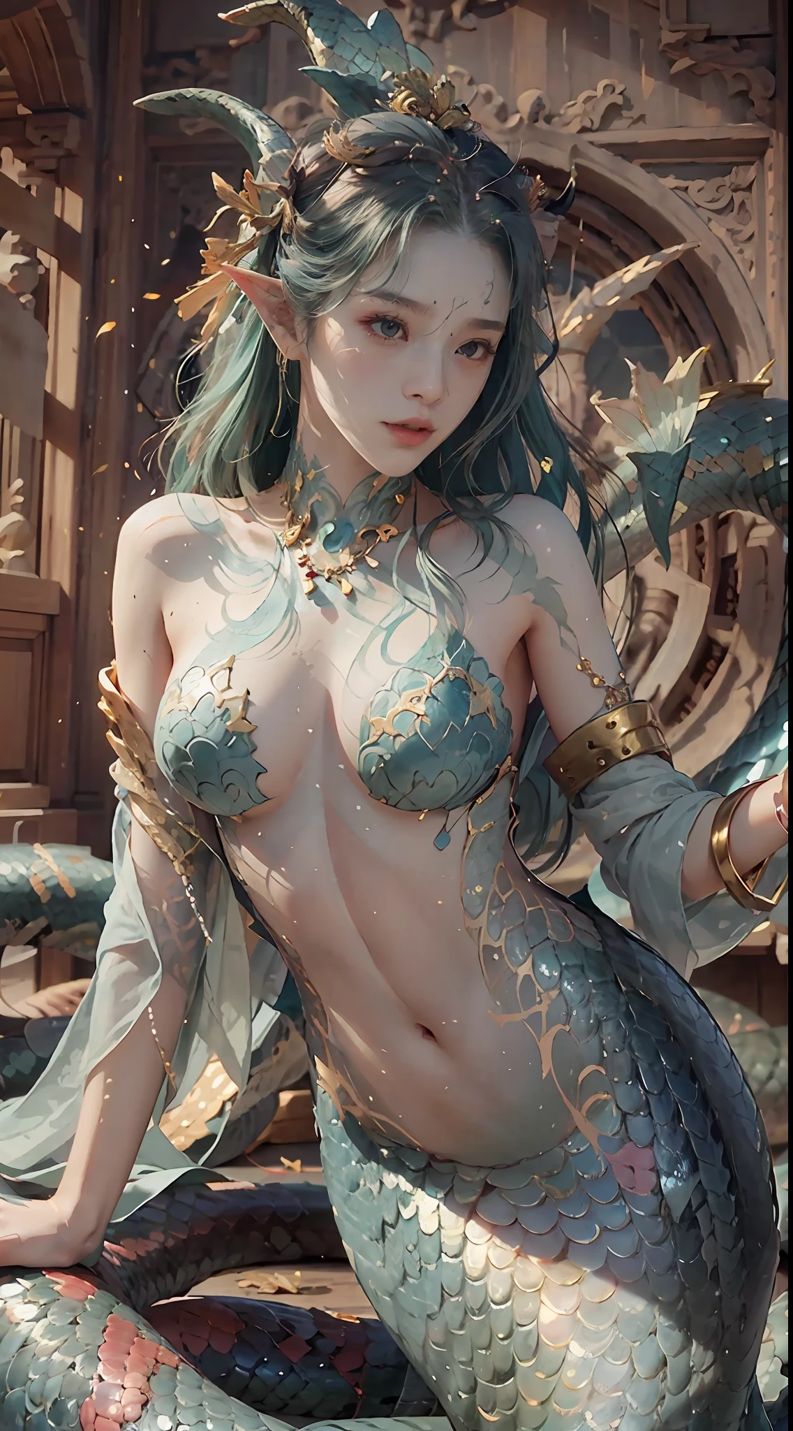 (RAW photos,best qualtiy),(realisticlying,photograph realistic:1.3),best qualtiy,highly detailed,tmasterpiece,hyper-detailing,illustratio,1girll,upper_body,dynamic angle,Masterpiece Theatre of the World,messy_long_hair,best qualtiy,extremely detailed CG unity 8k wal,ink,astounding,cinmatic lighting,lens_flare,dunhuang_style,snake woman,(mermaid:1.2), (snake tail:1.3),Snake girl,Snake banshee,Medusa,Golden scales