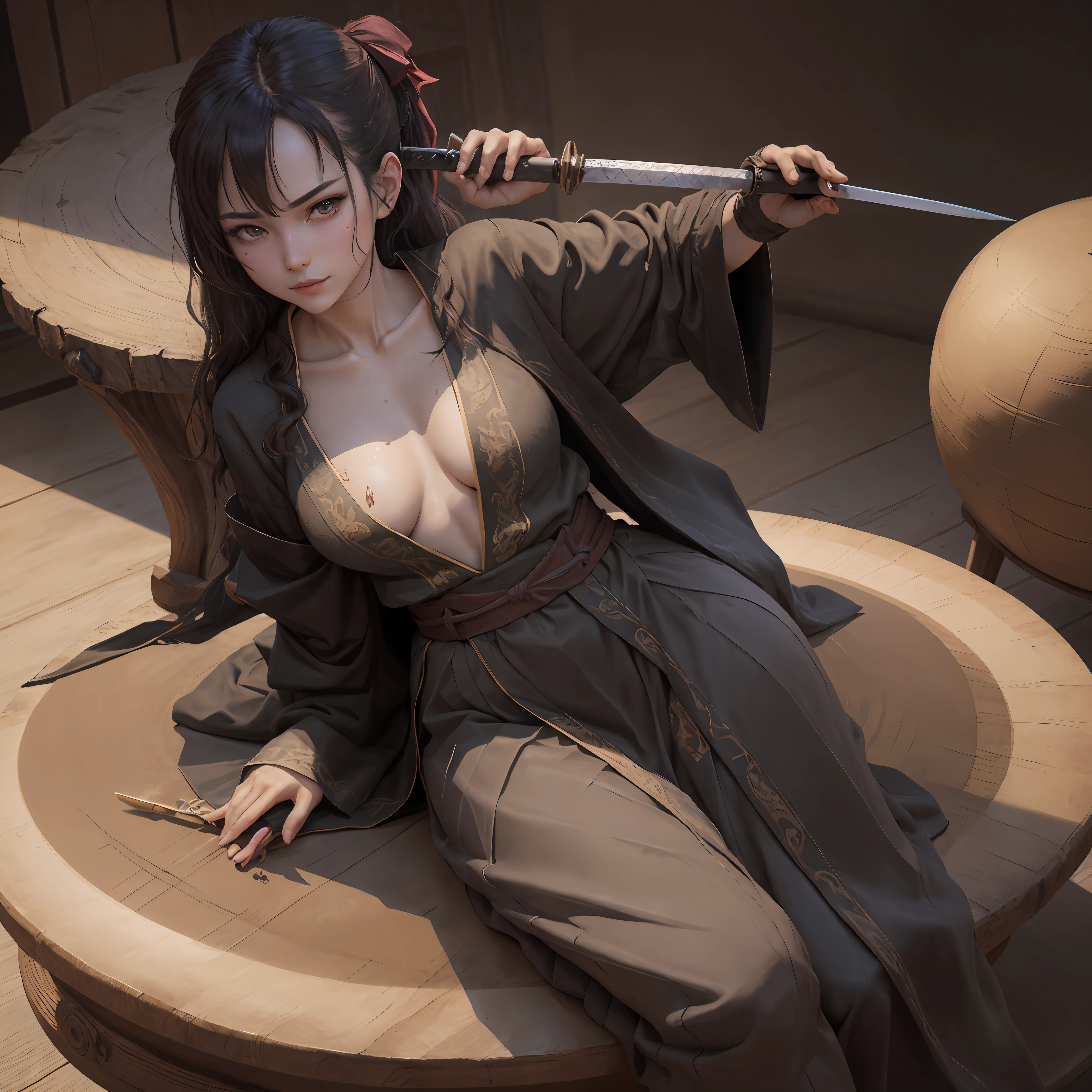 Lady holding a katana on a round base, depicted as a 3 d render, modeled in poser, photoshoot poses, Sit on a solid wooden round table, 3D cartoon rendering, 3d statue!!!, A seductive pose, Black high-grade silk clothing, elaborate faces, Hold the hilt of the sword in your right hand, The scabbard is placed on the table, Holding a pipe in his left hand, Moles under eyes, Raised eyebrows, Glaring, Messy hair, hair flaps, Blush, Shy, Evil smile, Lick lip, Scowl, jitome, Seductive smile, Daoyagao, torogao, Naughty face, jitome, Seductive smile, Chiaroscuro, Anime style, Best quality, Textured skin, Anatomically correct, A high resolution --auto