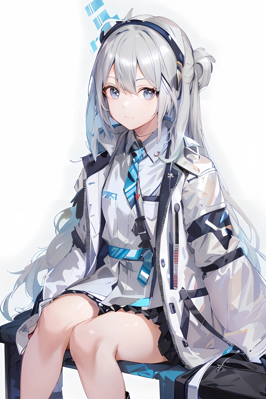 Anime girl sitting in chair，Wear a blue tie and headphones, style of anime4 K, From Arknights, Silver hair girl, Girl silver hair, Best anime 4k konachan wallpaper, Guweiz in Pixiv ArtStation, Cute anime girl, pretty anime girl, attractive anime girls, Guweiz on ArtStation Pixiv, Silver hair (pony tails)