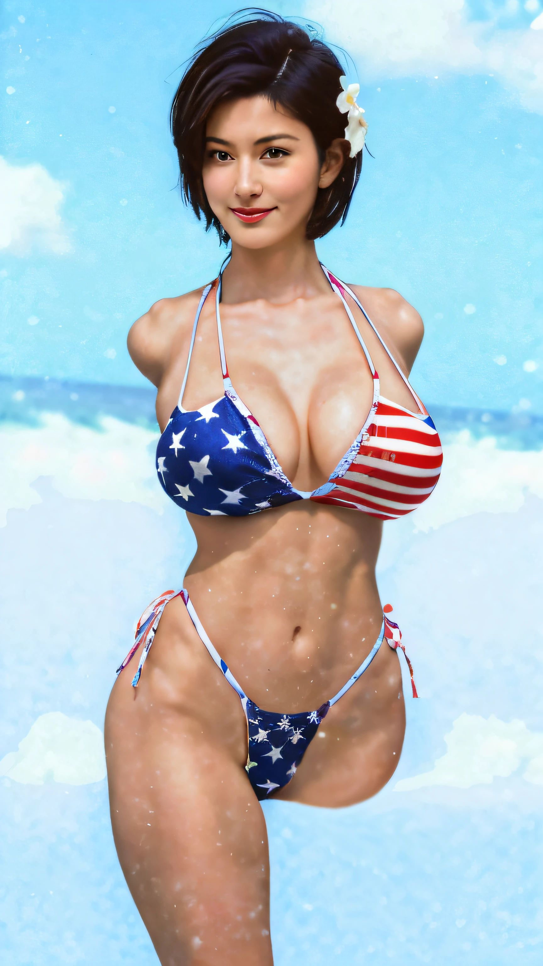 (best qualtiy,8K,32K,tmasterpiece,hyper HD:1.2),Beautiful Japanese woman in the photo,big cleavage breasts,Very short Bob hair with flowers,Allard woman in bikini,An American flag hangs on his chest, realistic bikini, photorealistic perfect body, Stars and Stripes, swimsuit, Attire: Bikini, 4th of july, swimsuit model, Sling bikini, bodybuilder superhero bikini, 4th of july, bathing suit, realistic shadow perfect body, in a bathing suit, Patriotic!, pinup body,standing on the sea side
