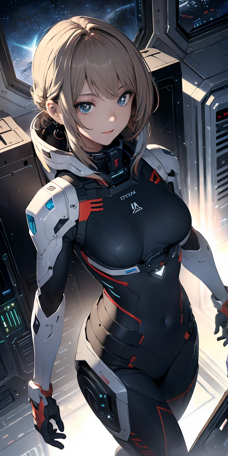 absurd res, A high resolution, (巨作:1.4), A highly detailed, 1girll, From above, space, Floating, Killing City Combat Suit, Sharp focus, (Cinematic lighting), (1girll), Slight smile