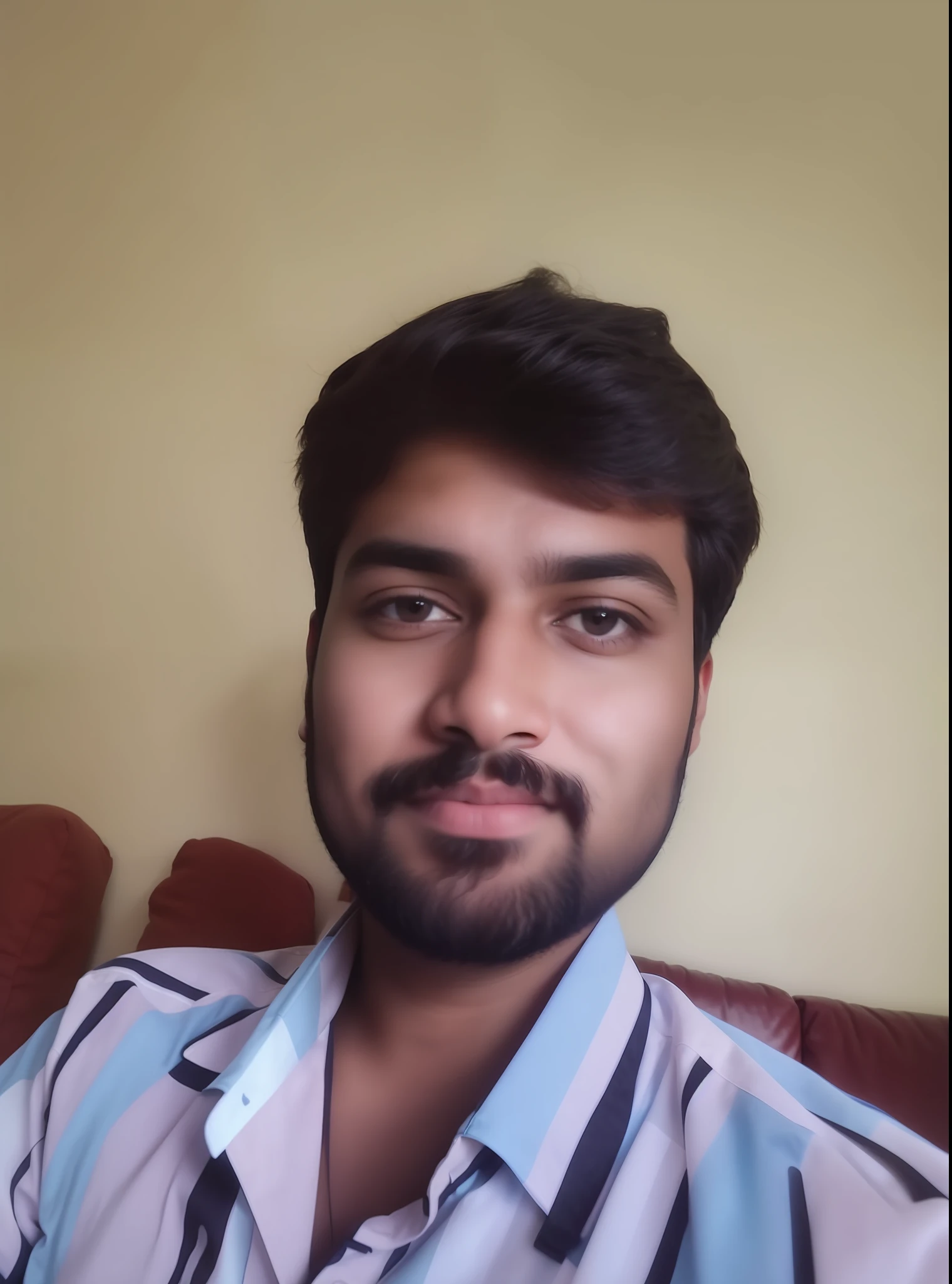 arafed man with a beard and a striped shirt sitting on a couch, without beard, with accurate face, vinayak, around 1 , selfie photo, without helmet, without beard and mustache, vastayan, very clear picture, jayison devadas, with a small beard, ayan nag, very very low quality picture, good looking face