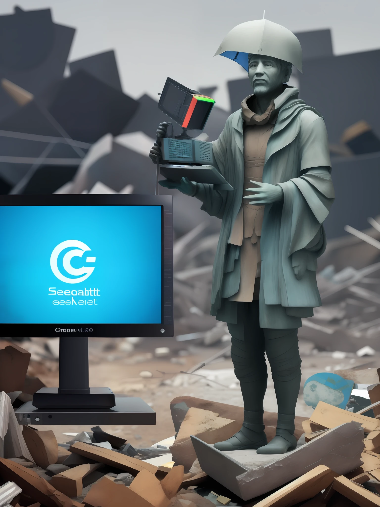 masterpiece、CG Graphics:1.2、Statue of a man with a computer monitor holding an umbrella on his head、Background screen monitor pile of rubble seaart.AI Logo:1.2