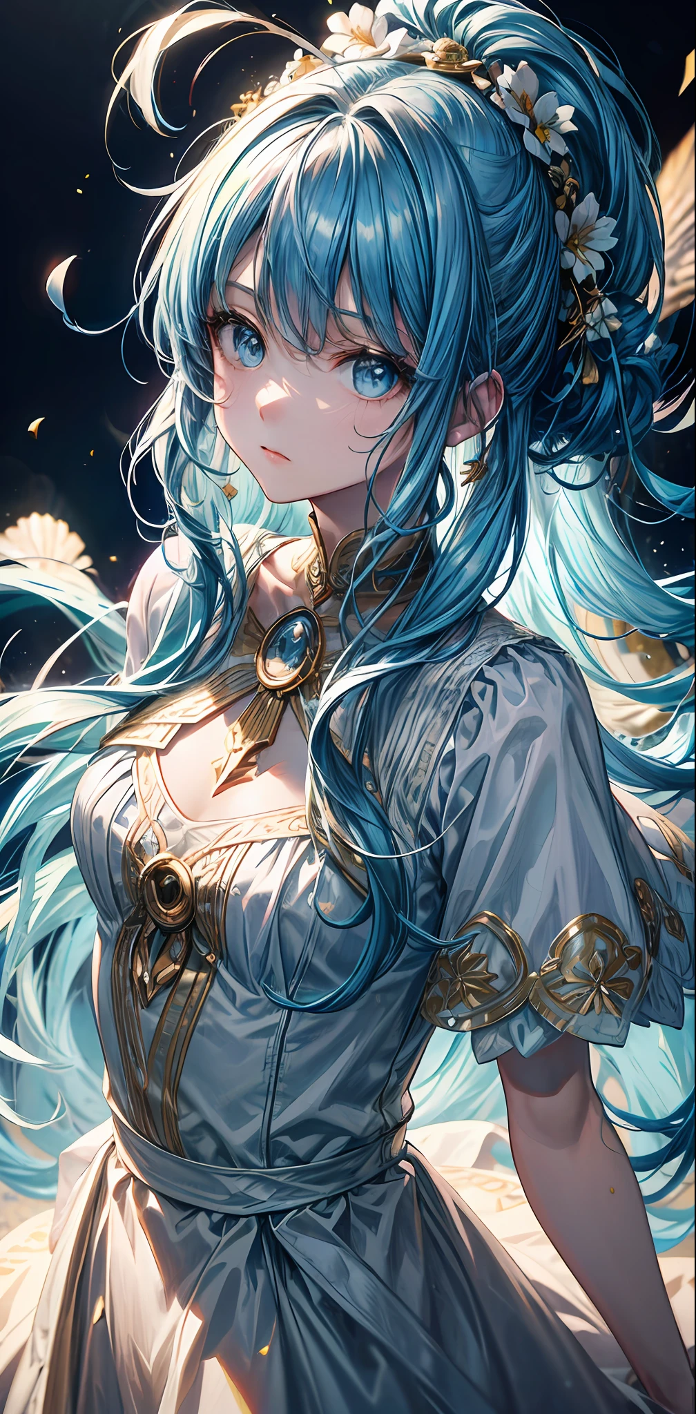 (masterpiece), (best quality), (ultra detailed),(disheveled hair),(illustration), (1girl), (Fashionable clothing), standing, Fashion model, looking at viewer, (interview), (simple background),beautiful detailed eyes, delicate beautiful face, Floating,(high saturation),(colorful splashes),colorful bubble,(shining), focus on face,  ponytail, kamisato ayaka, light blue hair, bangs, hair ring, floating flowers, floating hairs, (shining), best lighting, best shadow,