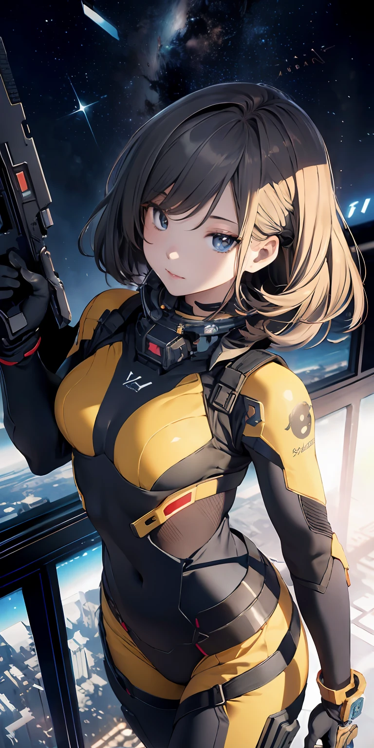 absurd res, A high resolution, (巨作:1.4), A highly detailed, 1girll, From above, space, Floating, Killing City Combat Suit, Sharp focus, (Cinematic lighting), (1girll), Slight smile