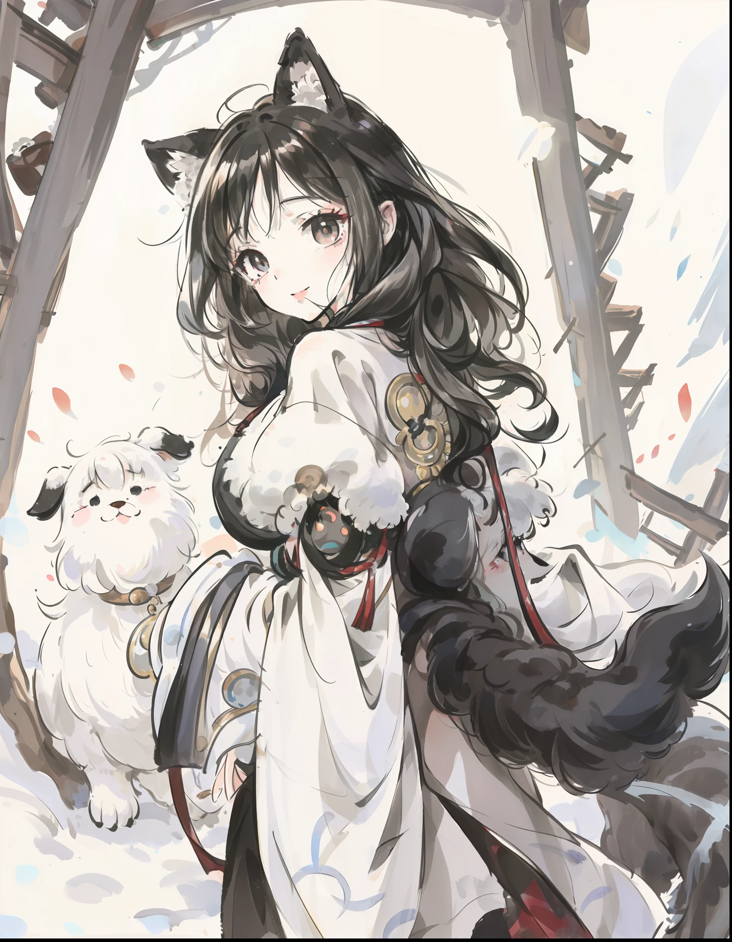 White fluffy body hair、Big pitch black eyes、Have dog ears、Canidae、It has a gray round pattern、Fluffy tail、Willing to stick out your tongue、large body、Stand on the snow、run、3D rendering stylization、Fantasy Cute Dog、Chibi no Wolf、Cute and delicate digital art