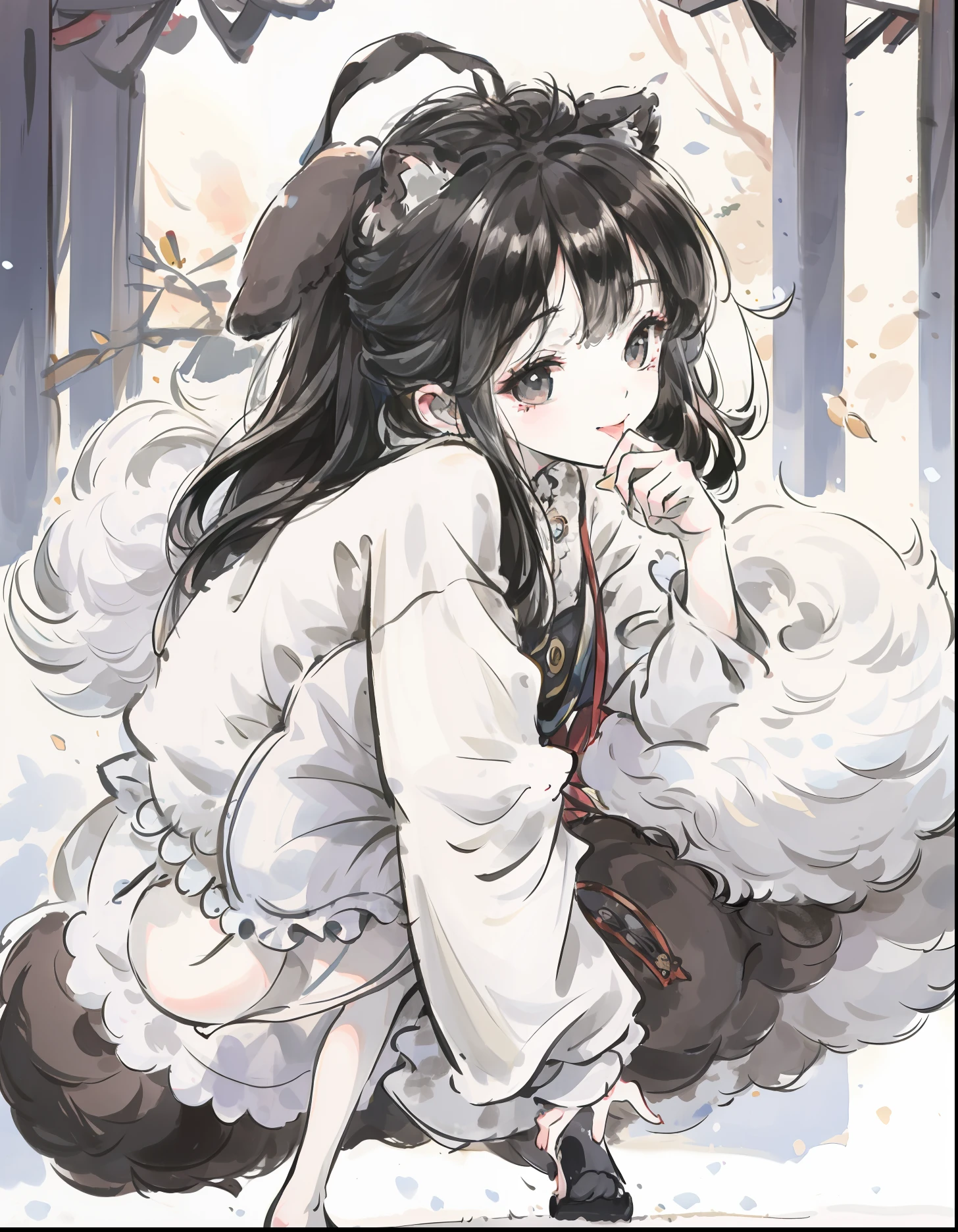 White fluffy body hair、Big pitch black eyes、Have dog ears、Canidae、It has a gray round pattern、Fluffy tail、Willing to stick out your tongue、large body、Stand on the snow、run、3D rendering stylization、Fantasy Cute Dog、Chibi no Wolf、Cute and delicate digital art