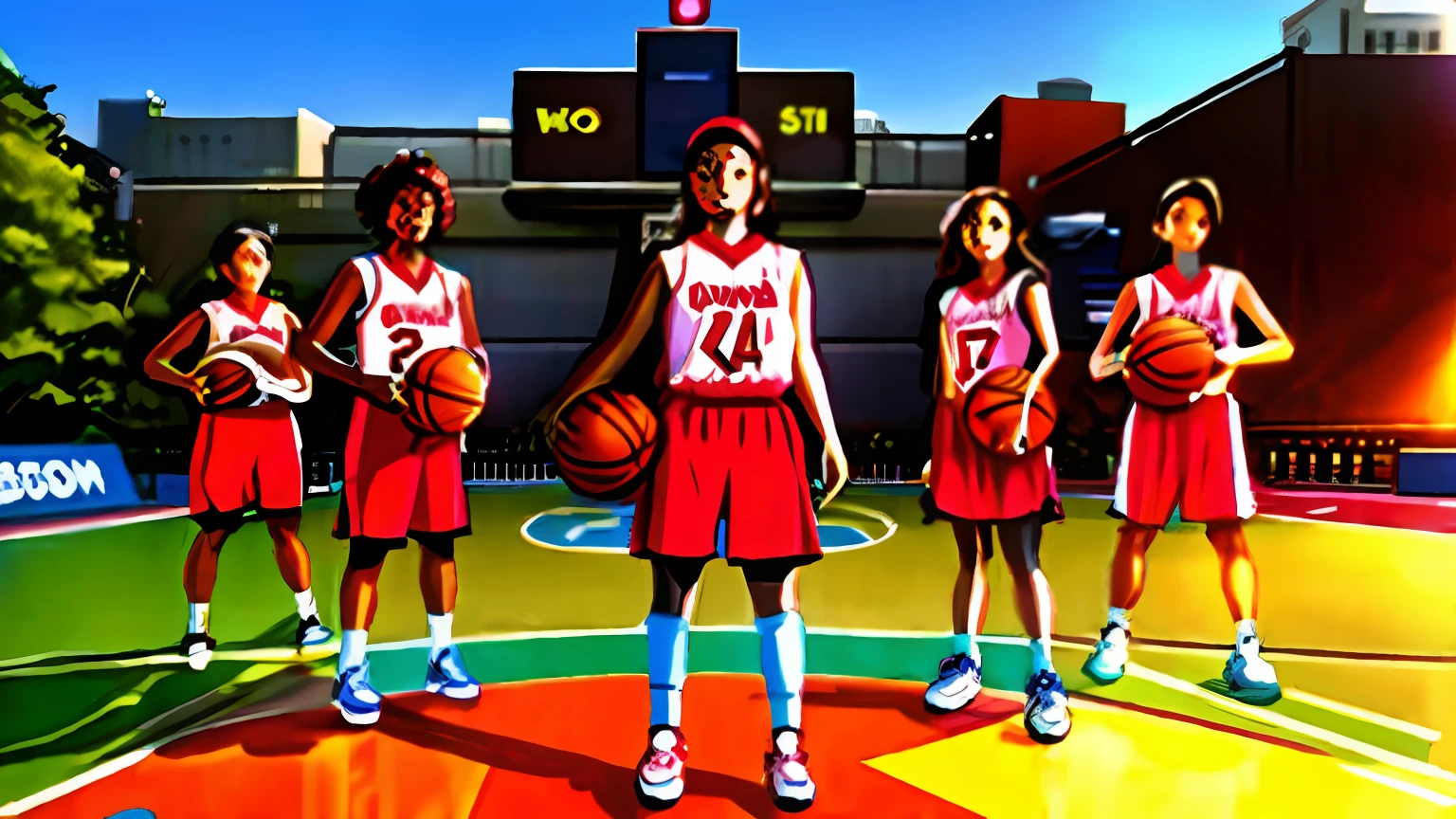 The first five women,With a basketball in his hand,Basketball court in background,