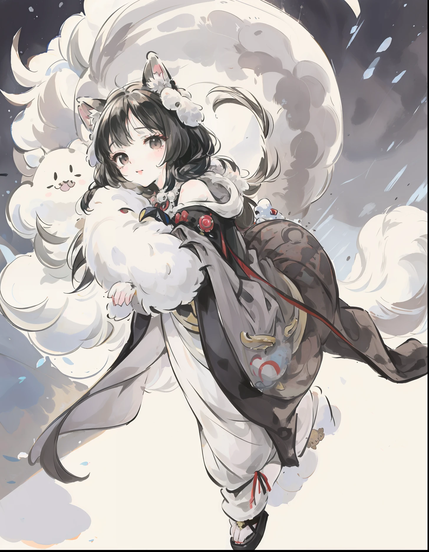 White fluffy body hair、Big pitch black eyes、Have dog ears、Canidae、It has a gray round pattern、Fluffy tail、Willing to stick out your tongue、large body、Stand on the snow、run、3D rendering stylization、Fantasy Cute Dog、Chibi no Wolf、Cute and delicate digital art