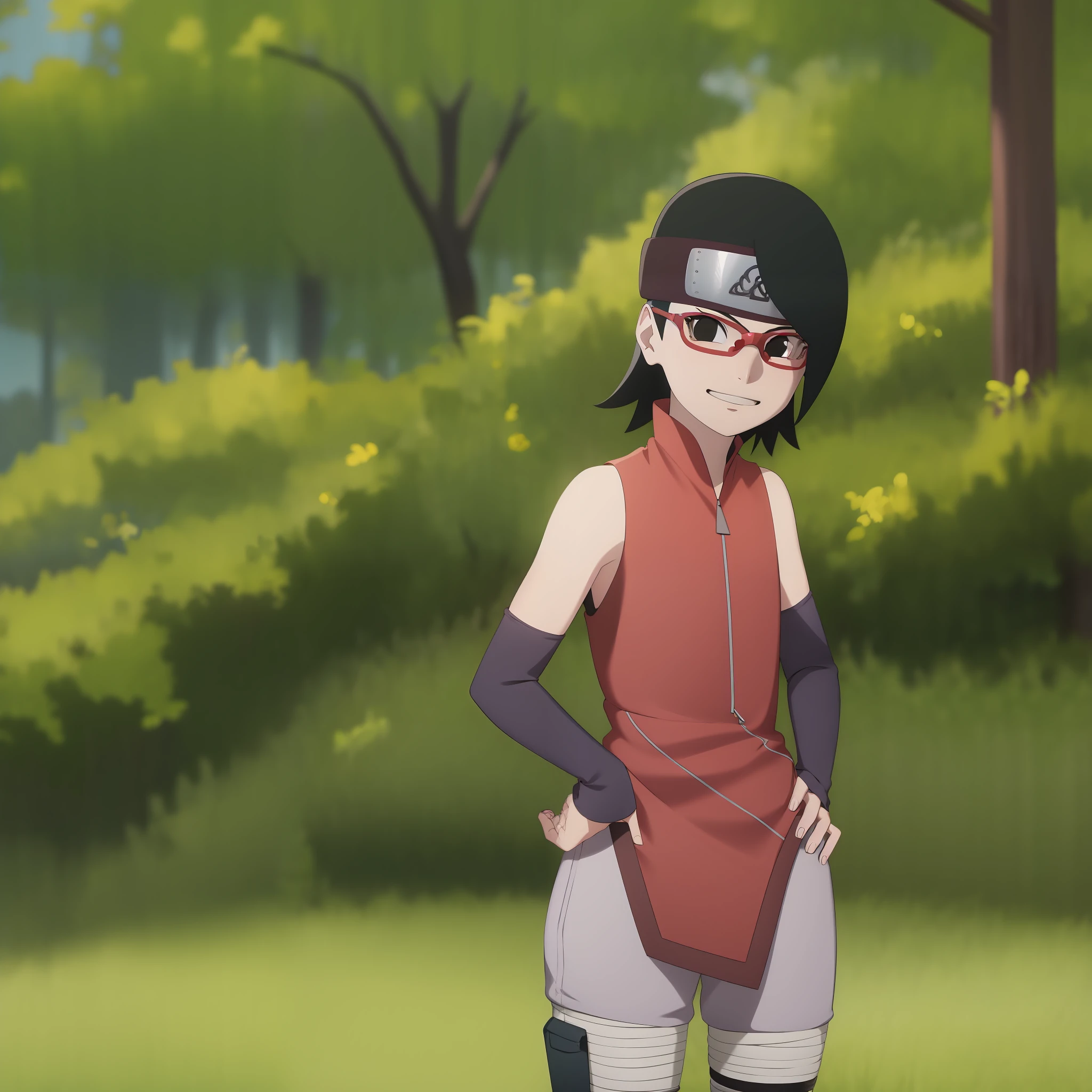 anime screencap, 
1girl,solo,black hair,short hair, black eyes,skinny,cowboy shot, standing, forehead protector, smirk,(dress:1.1),(white shorts:0.8), black thighhighs, thigh holster, arm warmers, bare shoulders, looking at viewer, outdoors,pelvic,red-framed eyewear, glasses,arms behind back, head tilt, pelvic curtain, facing viewer, hands on hips, zipper, shiny hair,