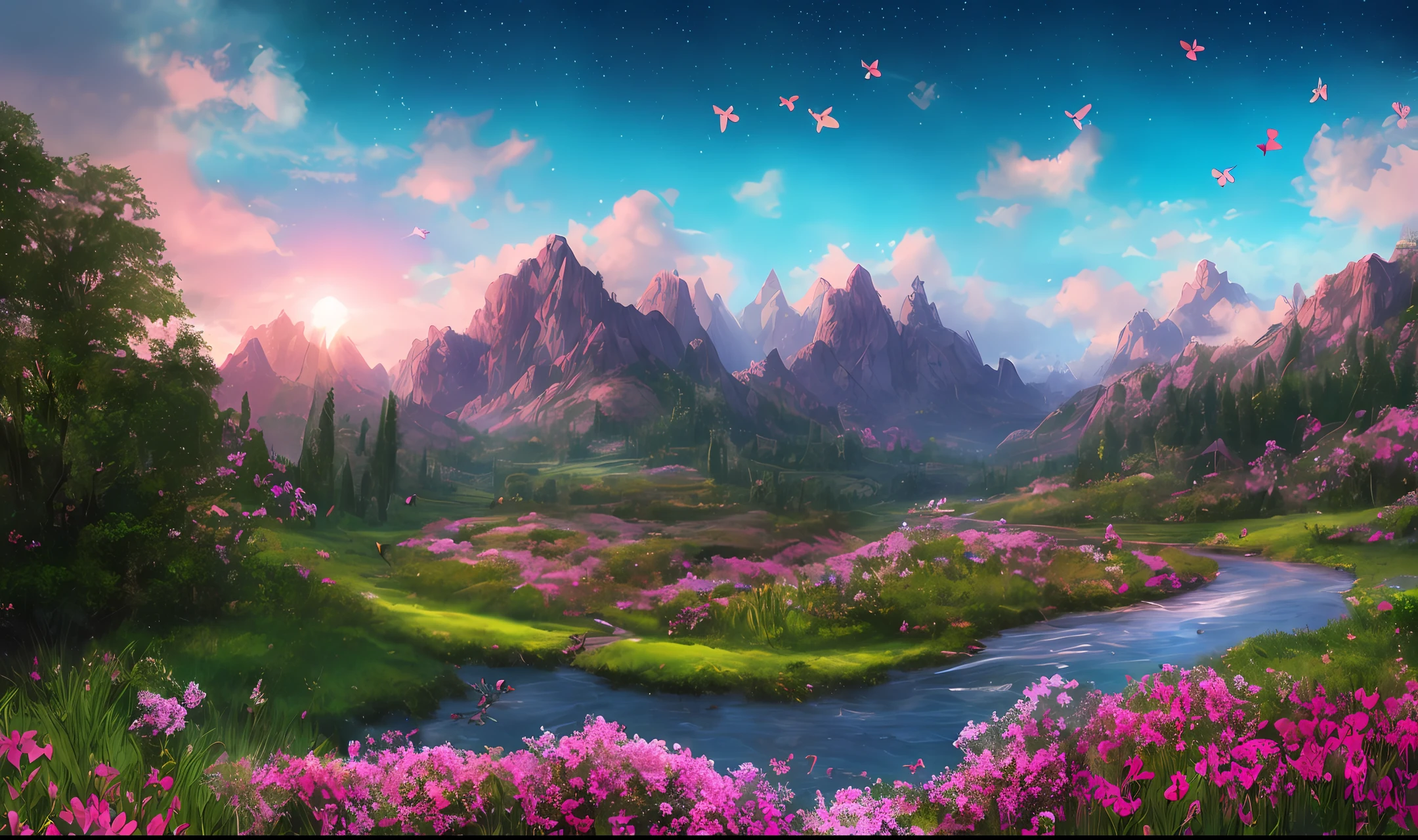 masterpiece, best quality, high quality, extremely detailed cg unity 8k wallpaper, an extremely colorful and purely fantasy environment with vibrant hues and a bright night sky, sky full of stars, landscape of bright green grass, colorful trees, glittering fruits, and bright glowing blue flowers. the streams are a deep shade of black, and the air is filled with sweet exotic scents. the environment appears to be taken out of a dream, with luminescent butterflies and giant colorful birds flying around, award winning photography, bokeh, depth of field, hdr, bloom, chromatic aberration ,photorealistic,extremely detailed, trending on artstation, trending on cgsociety, intricate, high detail, dramatic, art by midjourney
