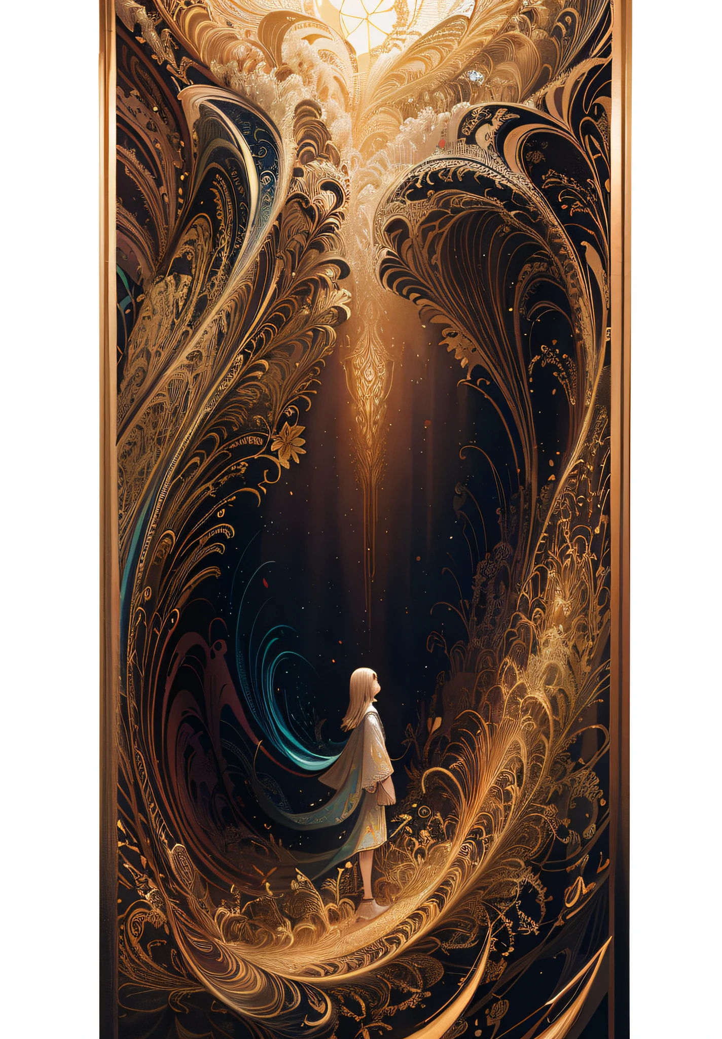 There was a woman standing in a piece of water, Wallpaper phone. Intricate, A beautiful artwork illustration, art concept for a book cover, beeple and alphonse mucha, Exquisite digital illustration, iintricate、Epic composition, Digital painting | Intricate, intricate digital painting, ornate and flowing, 8K stunning artwork, intricate fantasy painting, Beeple and Jeremiah Ketner