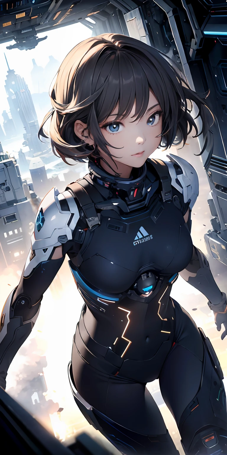 absurd res, A high resolution, (巨作:1.4), A highly detailed, 1girll, From above, space, Floating, Killing City Combat Suit, Sharp focus, (Cinematic lighting), (1girll), Slight smile