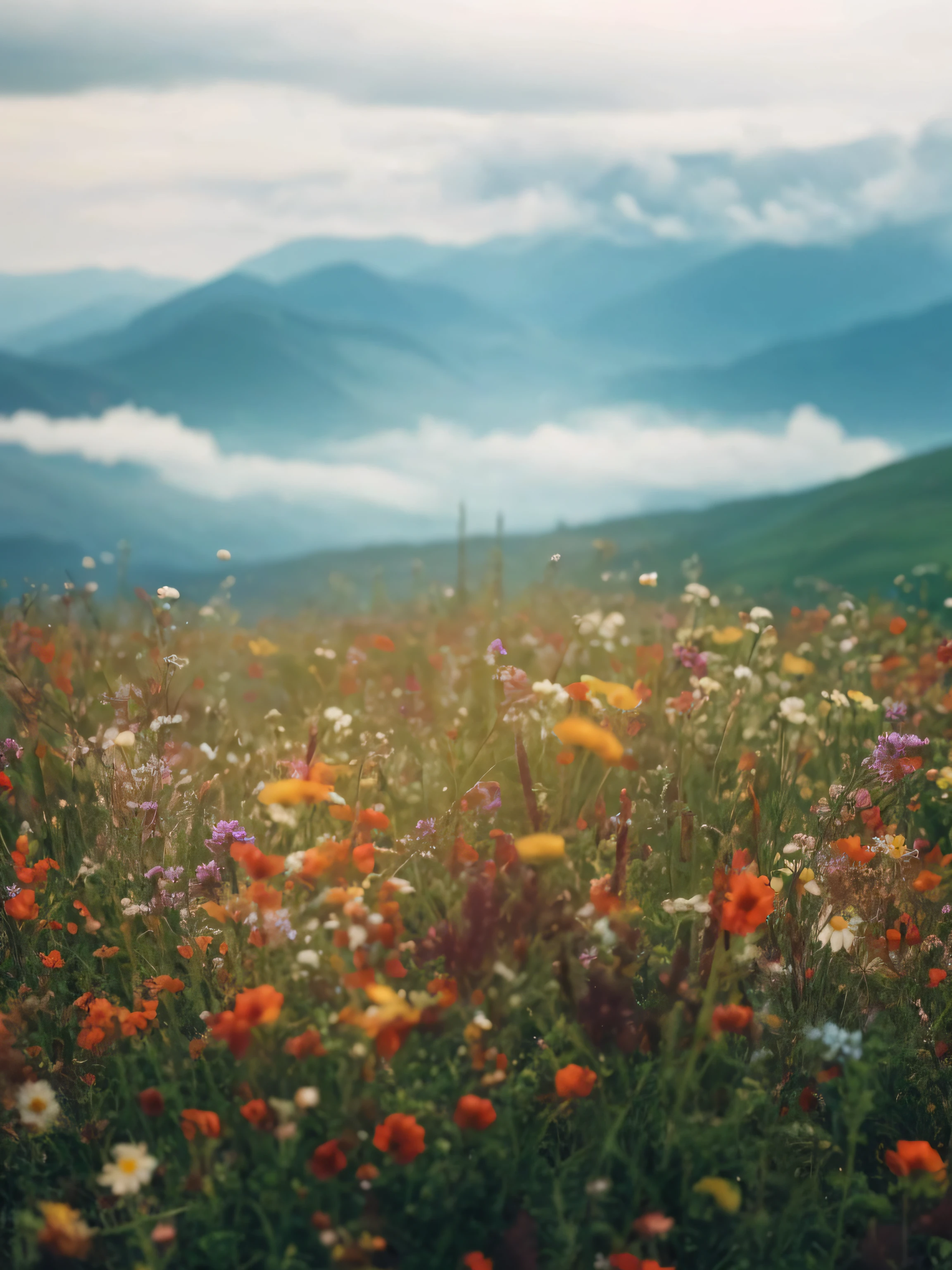 There is a field of flowers,The background is mountains, an aesthetic field of flowers, Vast lush valley flowers, wild flowers field, flower field, meadow with flowers, flower field, wildflowers, wildflowers, flower field, in a field of flowers, field of fantasy flowers, Flowers meadow, stunning nature in background, Beautiful nature, field of mixed flowers