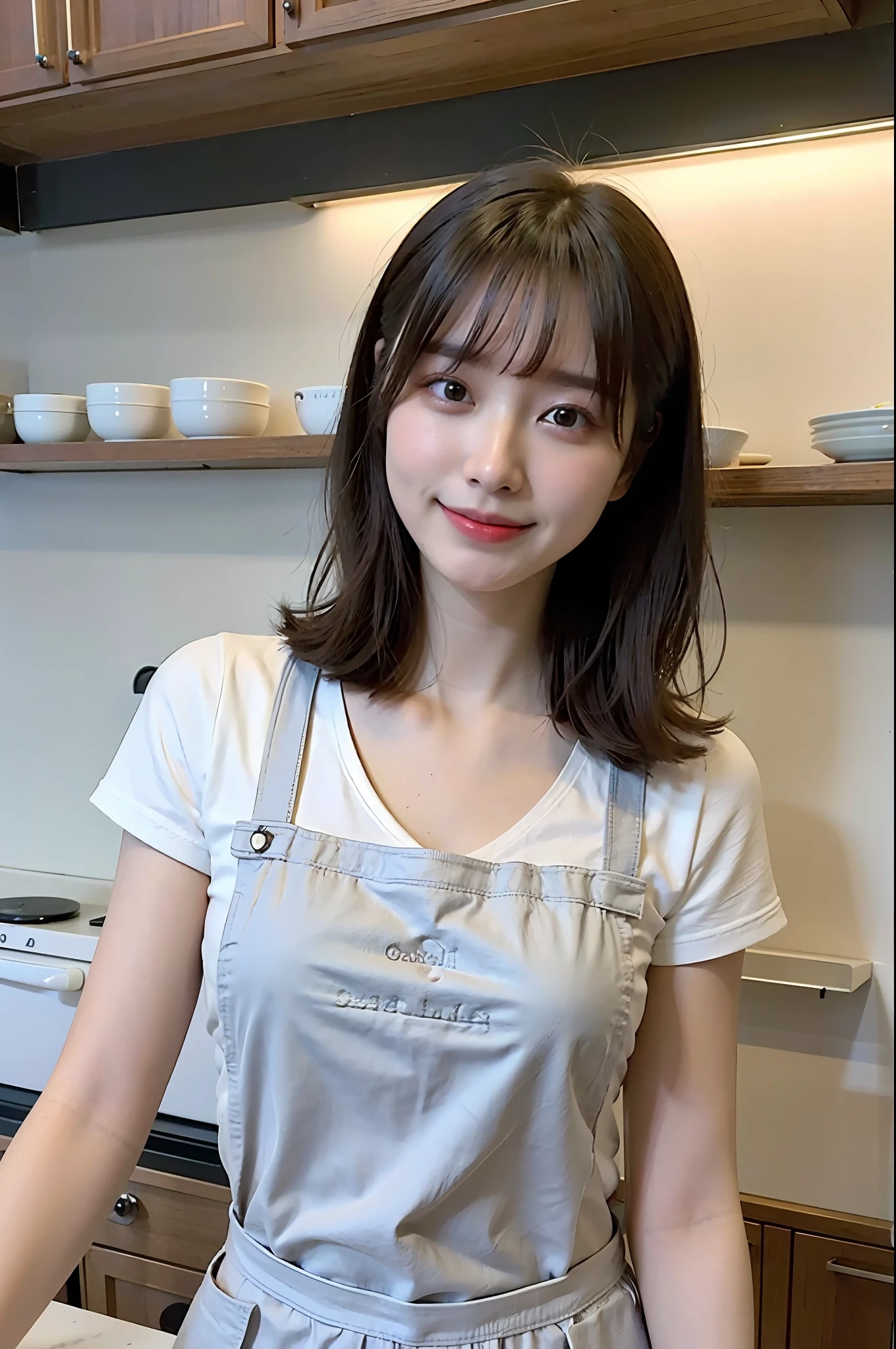 a woman is cooking、(kitchin_Apron:1.Wear 3)、Good Hand、4K、hight resolution、​masterpiece、top-quality、Cap:1.3、((Hasselblad photo))、Fine skin、foco nítido、(lighting like a movie)、Soft lighting、dynamic ungle、[:(详细的脸:1.2):0.2]、Medium chest、sweats streamed skin:1.2、(((In the kitchen))) A smile　Viewer's Perspective　Colossal tits　Beautiful body　Her hair is neatly tied