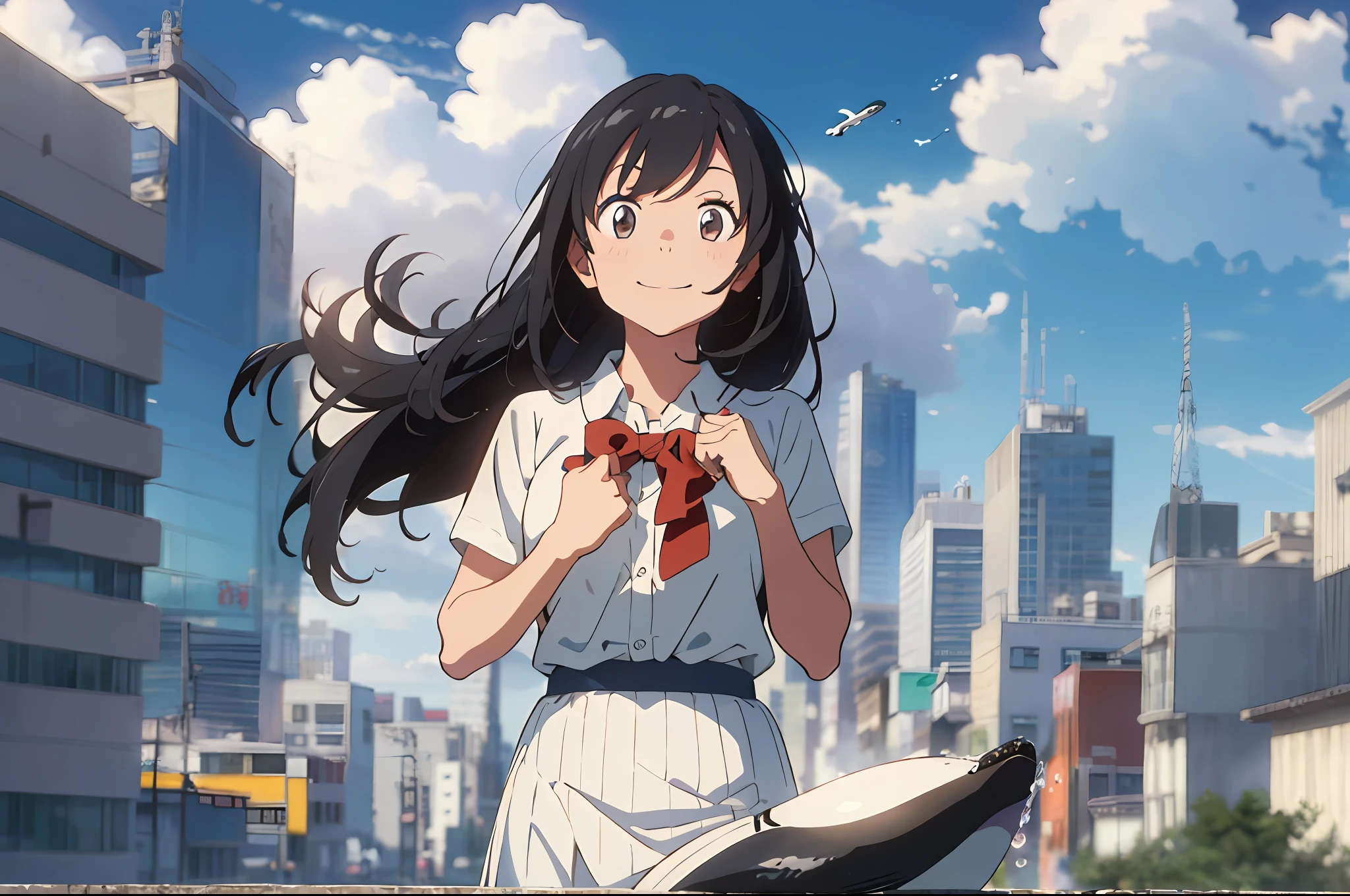 1 girl, clothes pull, blouse, strong wind blowing, long skirt pull, wind lift, rooftop, masterpiece, top quality, very detailed, sky, shirt tug, clouds,fun, smile, building, wide shot, ((big whale flying in the sky: 1.4)),school of fish flying in the sky, soap bubbles, bubbles, bubbles, Makoto Shinkai, anime art, digital art, from directly below, dynamic perspective, bokeh,