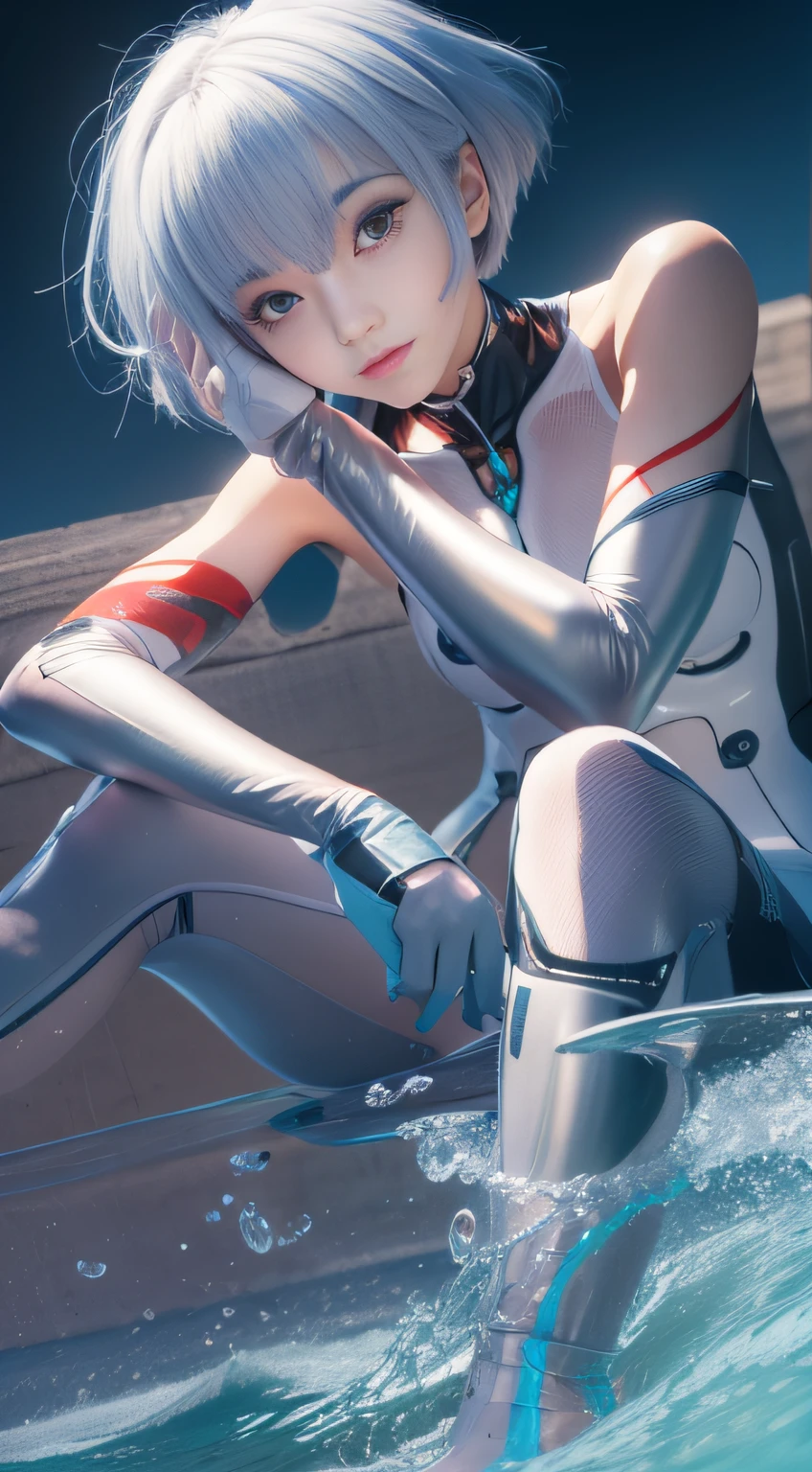photorealisim, ((Rei Ayanami)from a(Neon Genesis Evangelion)), (Face the camera directly), (Immerse in water to ankle depth,), Perfect smile, Beautiful eyes, Beautiful skins, Realistic beautiful girl full body portrait, , de pele branca, Fantastic face, beautiful look, In a sitting position, playing in the water, 8k resolution concept art portrait, Midsummer sky and Japan countryside, Pulp Adventure Style, fluid acrylic, Dynamic gradients, Vivid Color, illustratio, Highly detailed vector curves, It features a simple, Vector art, sleeoing, Character Design, 3D Shading, Cinematic, ornate pattern, elegant organic framing, Hyper-Realism, Posterized, Collection of masterpieces, bright colour, Wet gouache, Reallife Human,