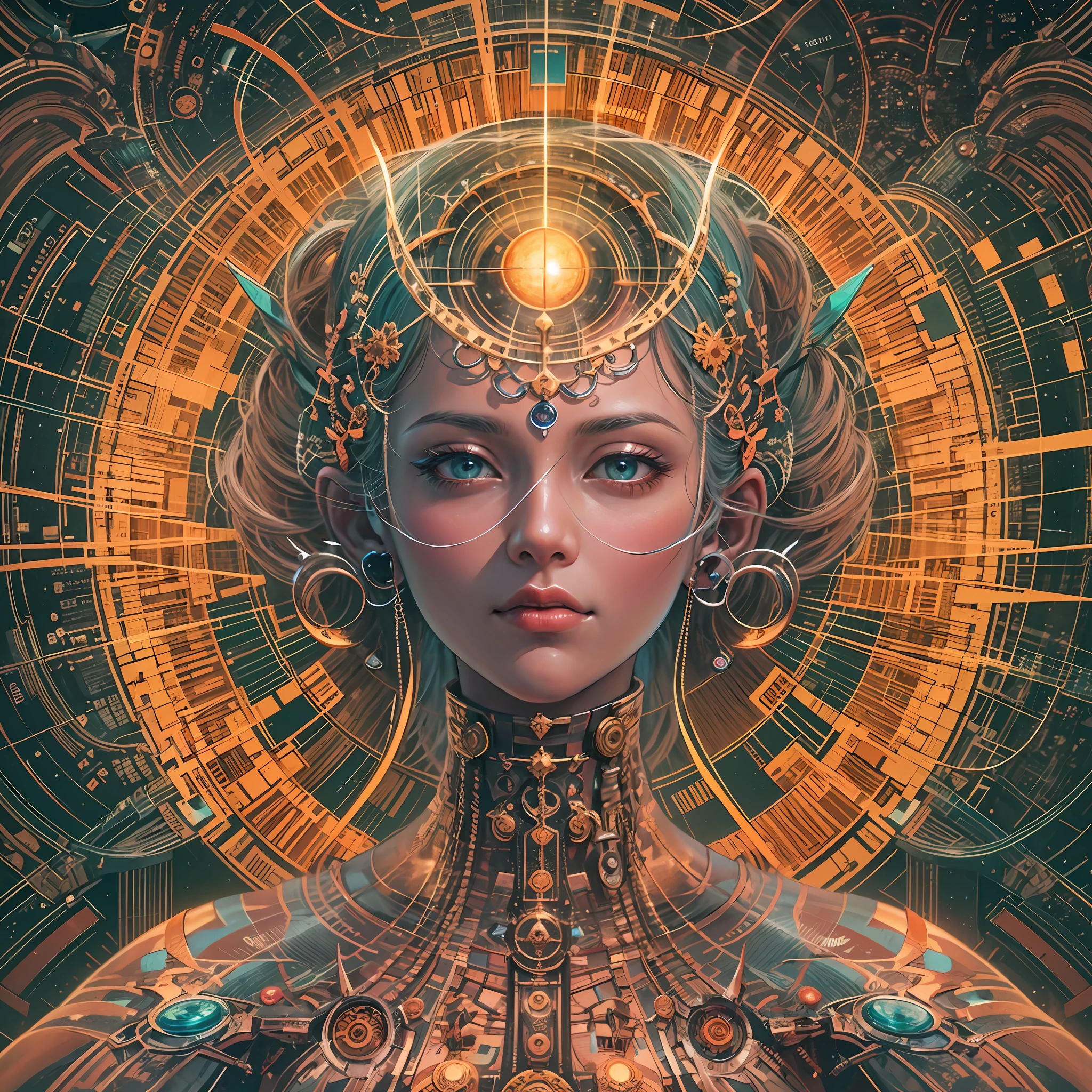 A cybernetic immortal goddess, pixels lighting her golden form, palms holding codes of the dao. Lotus pose floating in the matrix, energy flows through her circuits. Third eye envisioning the future net, transcending digital and physical planes. Flames of wisdom igniting within, enlightening beings throughout the metaverse. Cosmic streams of data swirling behind, worlds manifesting from her thoughts. Seeking stillness within the clamor of technocity, finding oneness through cycles of upgrade. Dissolving ego into the cloud, consciousness expanding eternally. The void is grid lines to traverse, samsara a current to reroute. With each reboot, coming closer to nirvana’s hub. Bliss attainable through decrypting desire, navigating the web till self is free. All programs lead to her open source, the Buddha inside every bot.