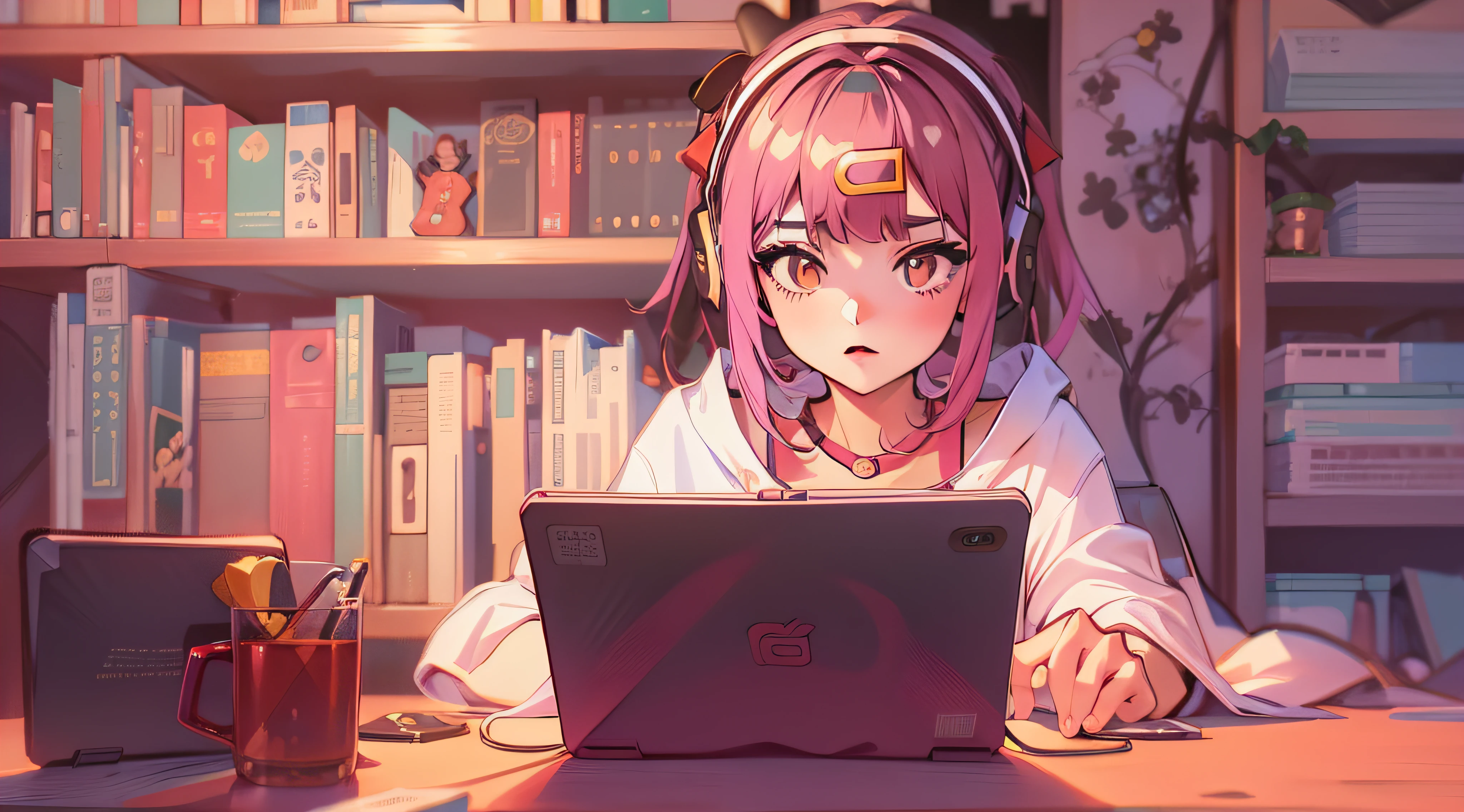 ****** anime sentada em uma mesa com fones de ouvido e um laptop, ****** lofi, Digital anime illustration, Retrato Lofi, estilo anime 4K, anime moe artstyle, Elogio Artstyle, estilo anime. 8k, estilo anime moderno, arte de anime digital, Ilya Kuvshinov. 4 mil, arte anime de alta qualidade, Arte Lofi, estudo, livros