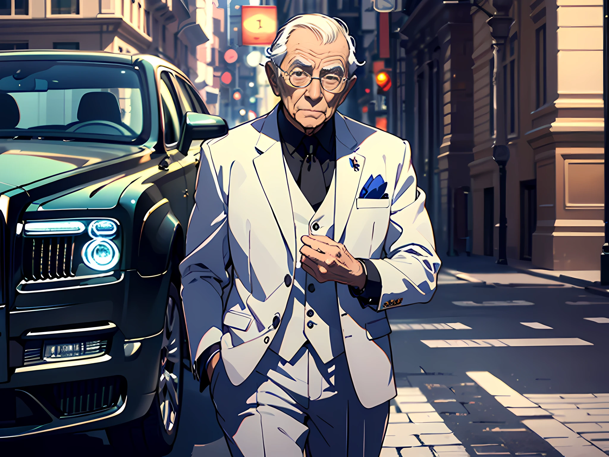 An elderly man with a kind face slowly walked out of the black Rolls-Royce Phantom wearing an elegant suit，He has white sideburns，The surroundings exude an atmosphere of wealth and dignity。hyper HD，tmasterpiece，high detal，high qulity，best qualtiy，A high resolution，tmasterpiece，Full of artistic charm。