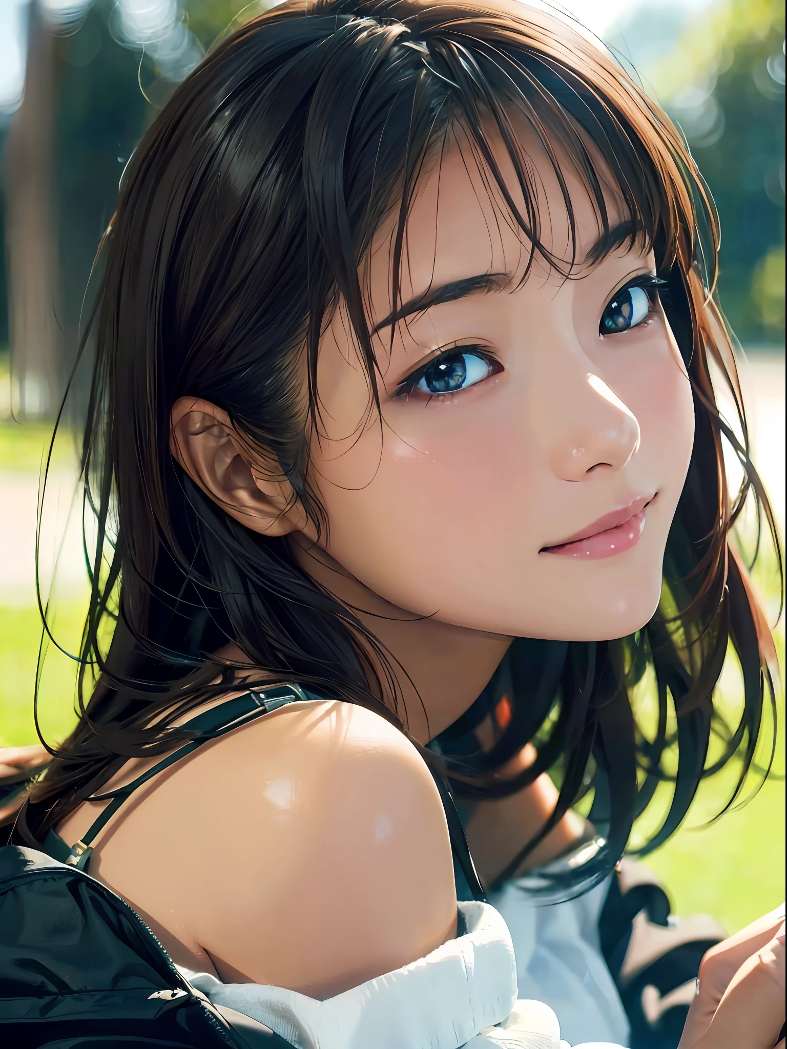 (Best Quality:1.2, 8K, Sharp Focus, master piece: 1.2, natural Light, extremely details CG, beautiful Girl, reality, Detailed face textures, Realistic skin, beautiful makeup, Detailed bangs)), (depth of fields), Bokeh background, Head tilt, Smile, closes mouth, shiny black long hair, Cowboy Shot, arm up, jacket off shoulder, wind, looking away