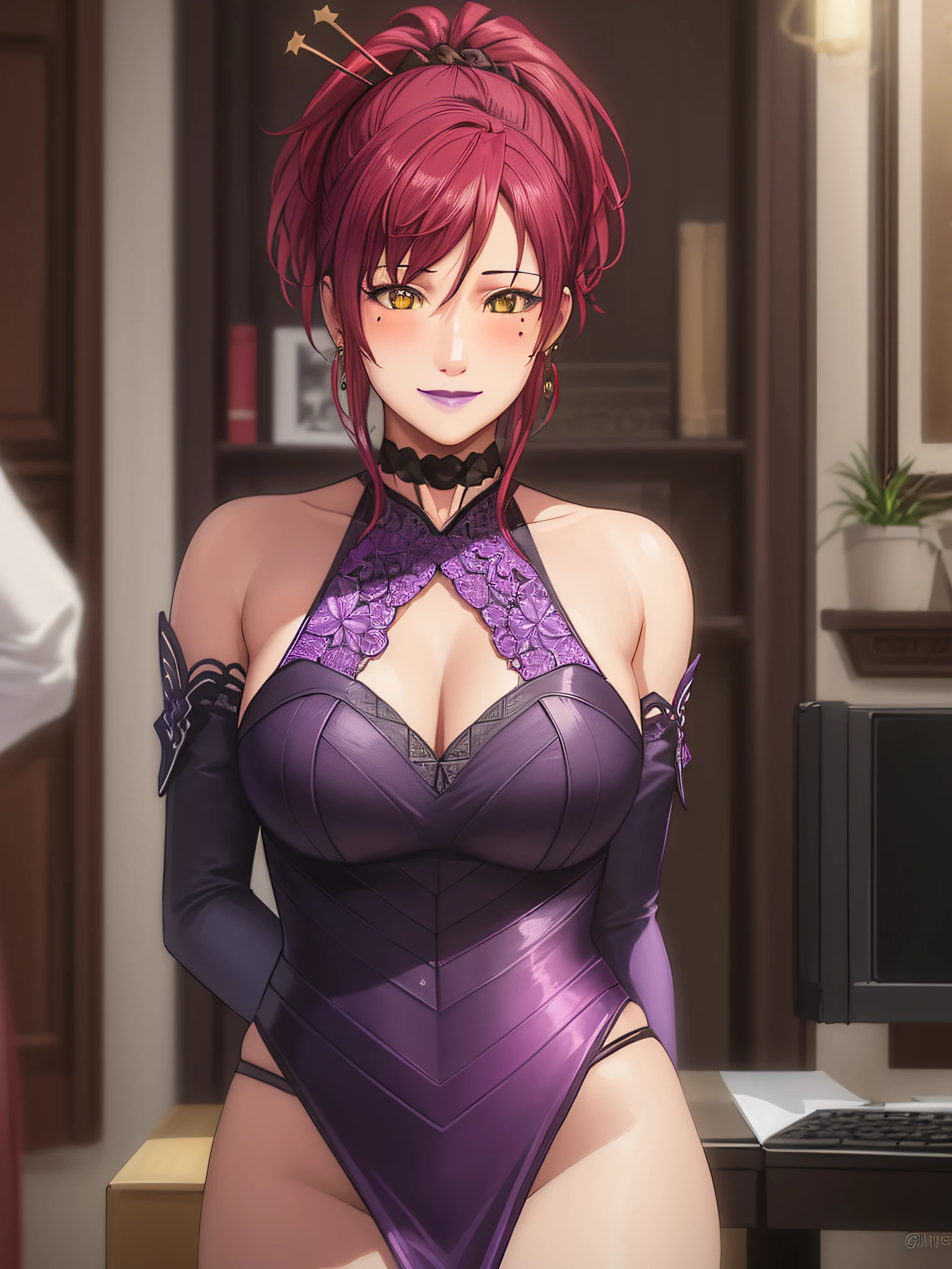 (Masterpiece, Best Quality, High Quality:1.4), professional artwork, for desktop wallpaper, Intricate Details, field of view, sharp focus, detailed painting, photorealistic lighting, trending on pixiv, 1girl, (vivid lighting, vibrant colors:1.05), realistic shadows, ambient occlusion,
Marie Mamiya, mature female, milf, solo, (curvy:1.1), luxury room, (half body shot:1.1), looking to attention,
(red hair:1.05), hair ornament, lipstick, makeup, (mole under eye:0.9), choker, ultra detail hair, ultra detail face, (yellow glowing eyes:1.05), perfect eyes, perfect face, perfect retina, earrings, (seductive look, blush:1.15), bitch, lewd face, smile,
(purple, main dress:1.4), choker, necklace, fingernails, flawless drawn, no blur
(Large Breasts:1.15)