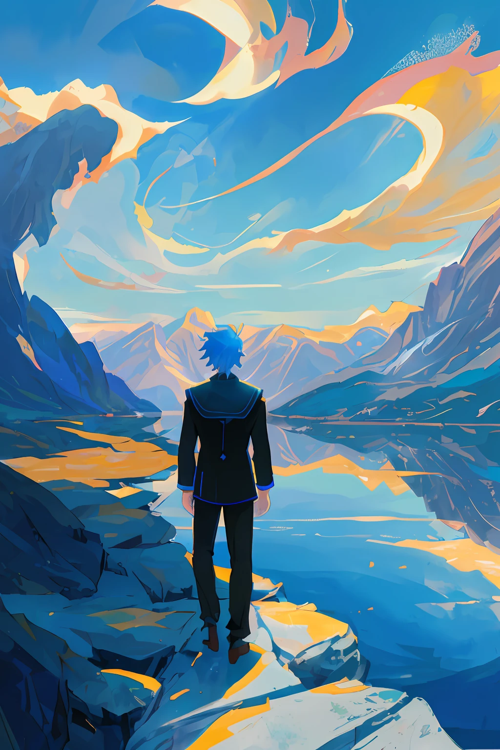 Anime male alone back facing mountains and seas blue lonely black top reflection
