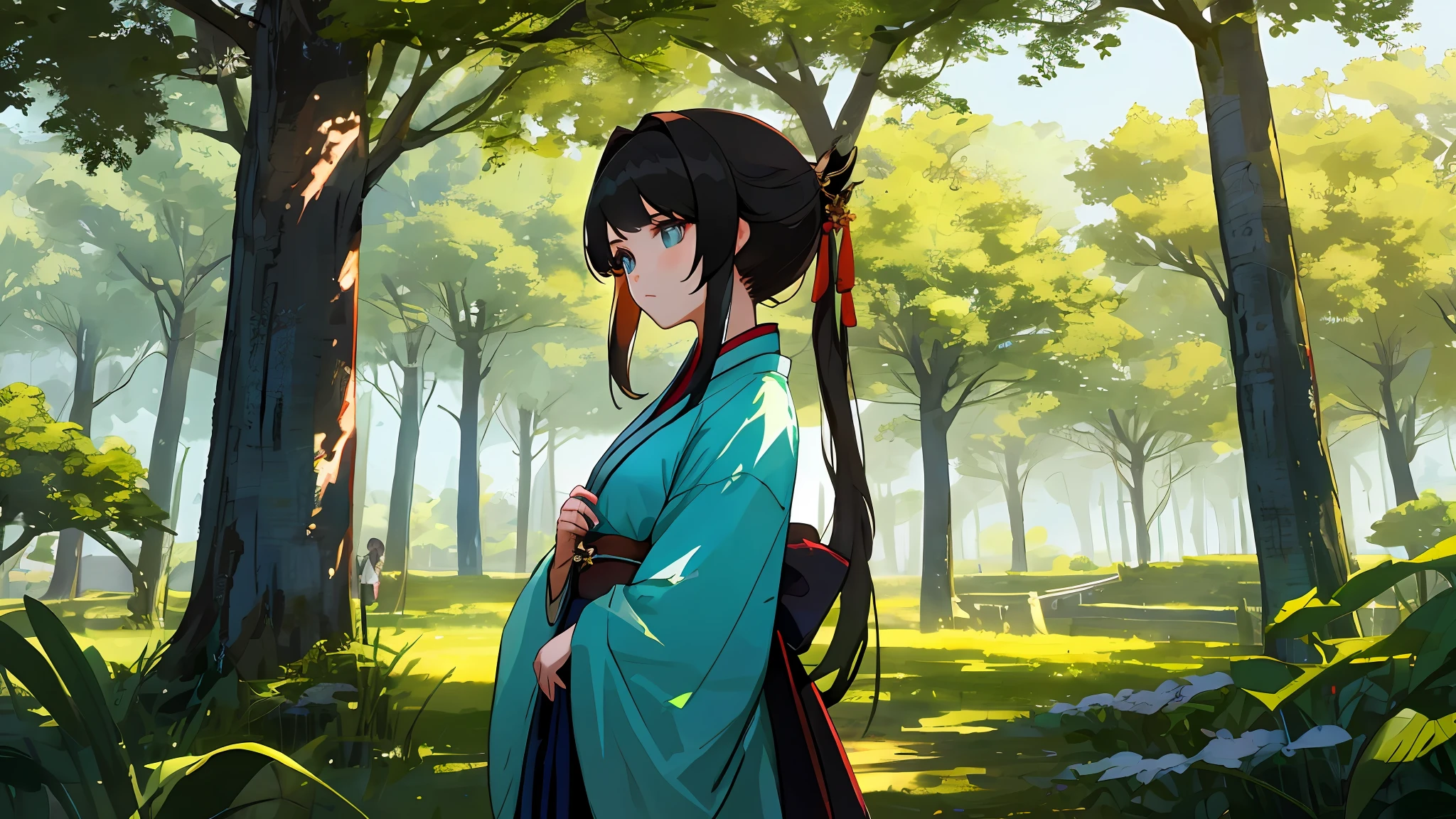 Miyazaki scenery。 8K。ultraclear。A young girl in exile。Strive to cultivate immortals。HD masterpiece。。Improve the building。Hanfu girl。Wallpapers HD