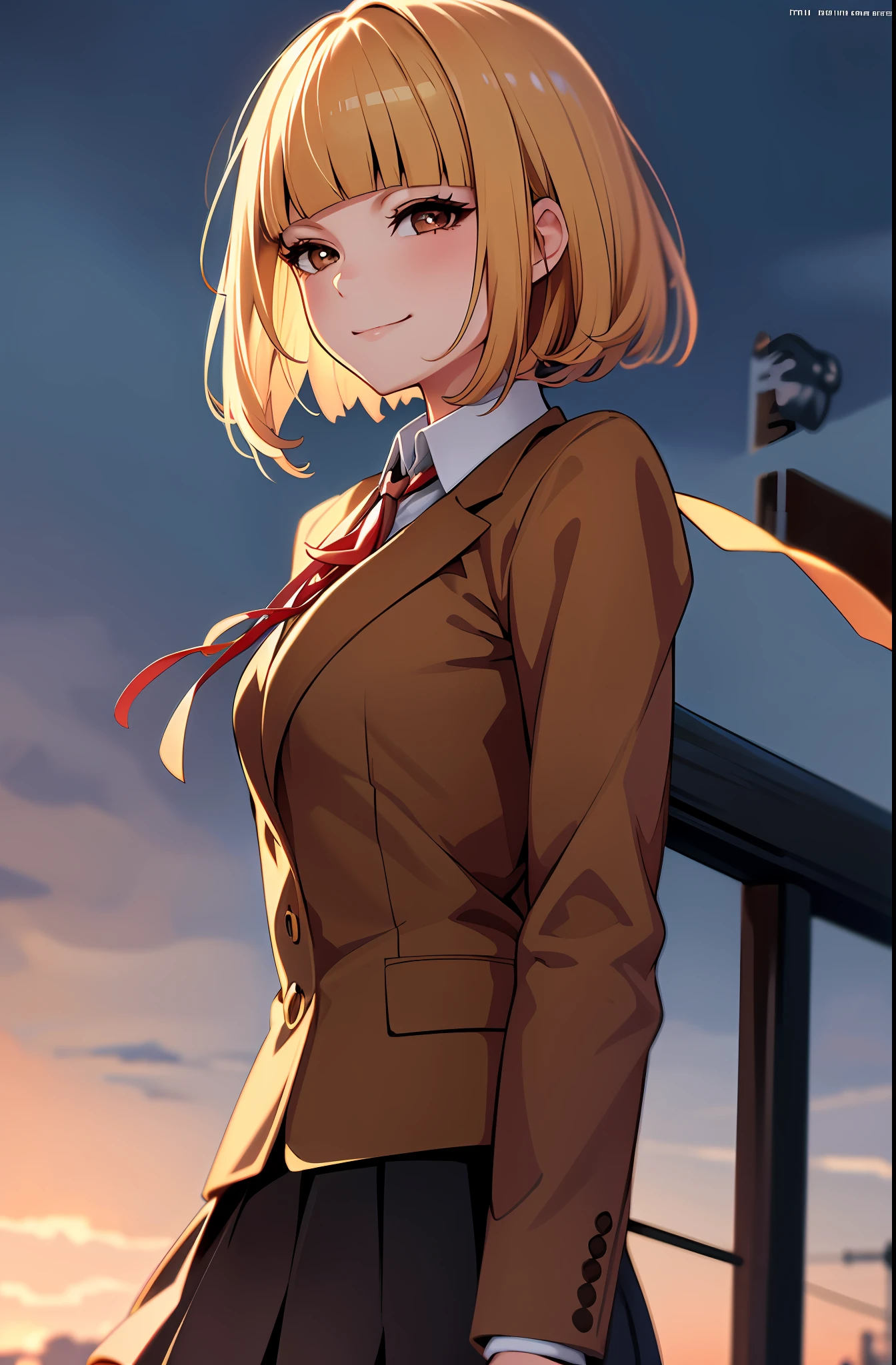 (masterpiece,best quality, detailed), 1girl, solo, outdoors, evening, upper body, smile, closed mouth, squinting, eyelashes,
midorikawa hana, brown jacket, neck ribbon, collared shirt, school uniform