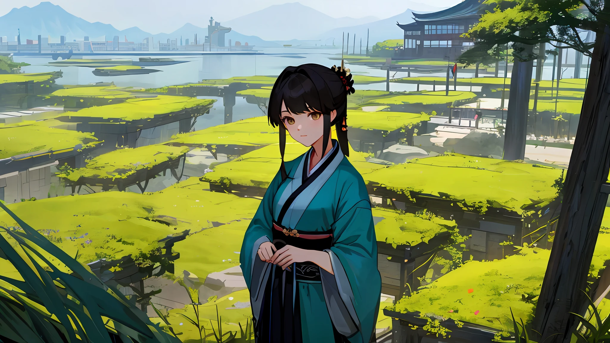 Miyazaki scenery。 8K。ultraclear。A young girl in exile。Strive to cultivate immortals。HD masterpiece。。Improve the building。Hanfu girl。Wallpapers HD