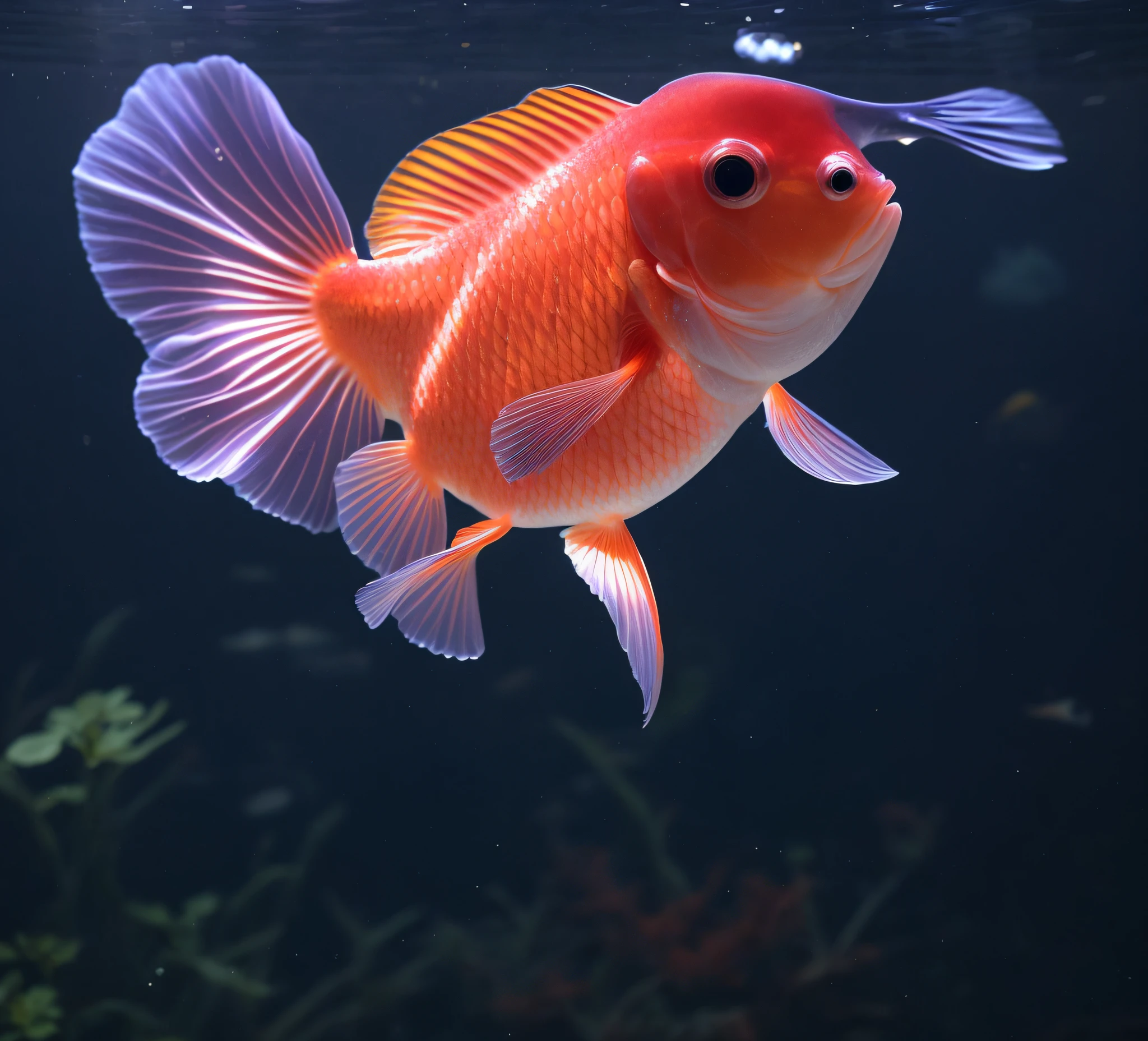Aquatic plants bloom beautifully, In the delicate aquarium there is a goldfish swimming freely, The small fish swim happily in the crystal clear water, The bubbles rise gently.
