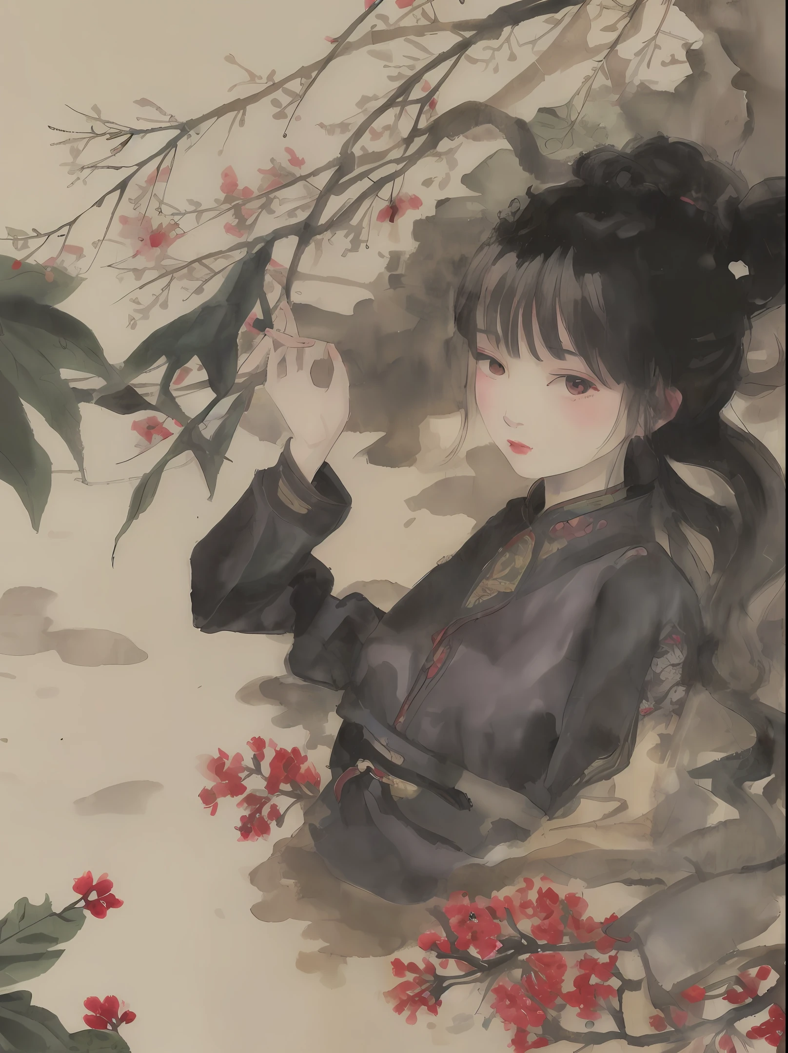 ink and watercolor painting,National style,Hanfu,Beautuful Women,full bodyesbian,Play in the creek,Plum blossom branches,Smoke and rain