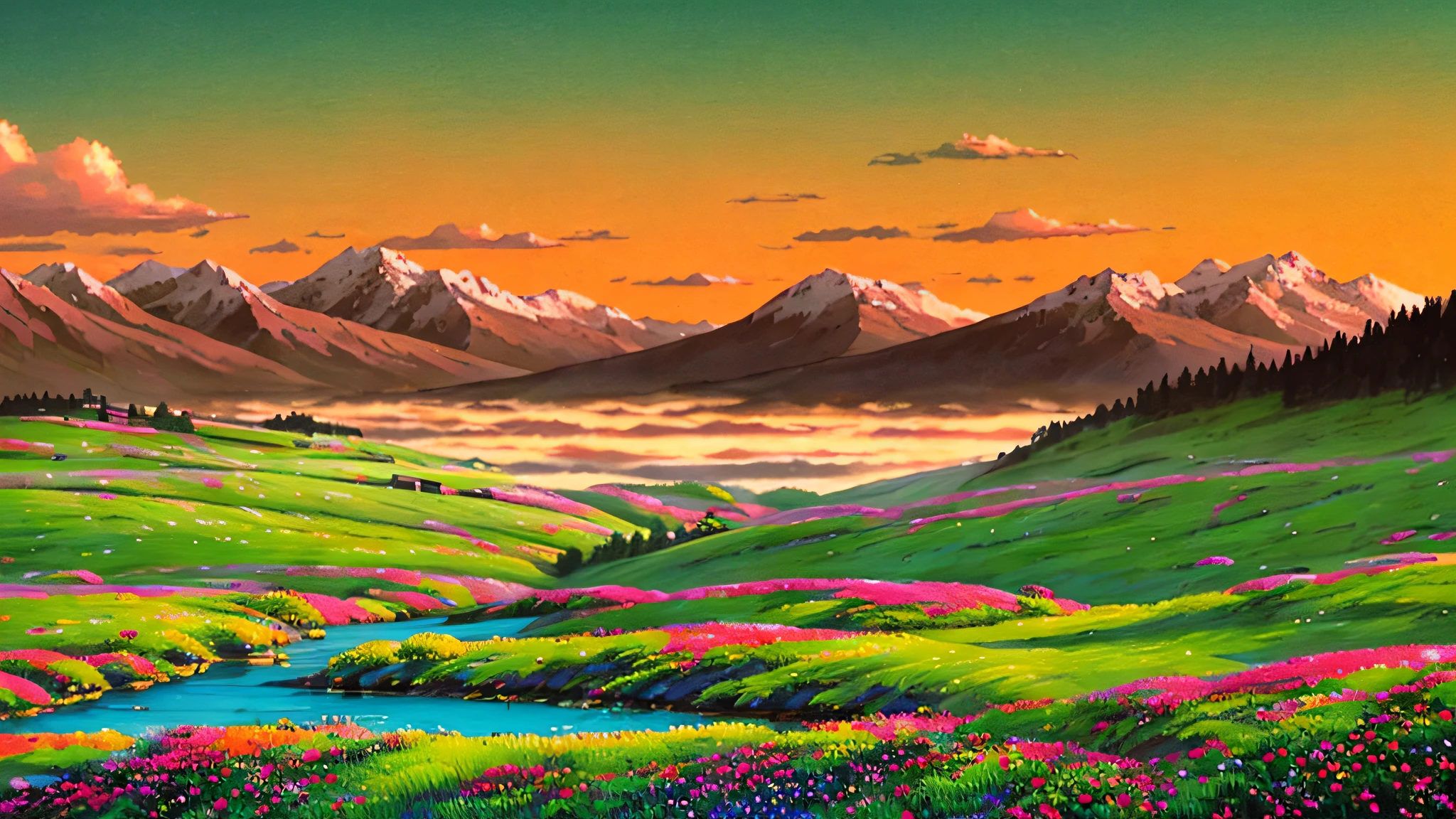 On the distant horizon, a bright red sunset slowly sets, illuminating the sky and earth, making people feel endless peace and tranquility. At this beautiful moment, the small animals on the grass began to become active, as if they also felt this beautiful atmosphere.

The distant mountains are shrouded in an orange glow, and the mountain beams seem to lead to endless distances. A small stream flows through the meadow, and the fine splash of water floats like a curtain of beads. Entering the forest, the birds stop on the branches of the trees and surround a picturesque waterfall, the gurgling water and the powerful rocks are refreshing.

In this tranquil wilderness, all the scenery becomes soft and warm as the sun sets, making people feel like they are in a dreamland. The breeze blows gently through the meadows, and the wildflowers in the grass tremble, exuding a refreshing fragrance that is intoxicating.

In this beautiful world, time is quiet and life is peaceful. It makes us understand that there is no need for glitz, and that peace of mind is the ultimate goal of life. Standing here, breathing in this wonderful landscape, let us calm down and feel the beauty of life.
