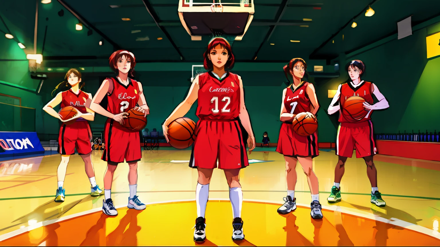 Five women,Indoor basketball court,