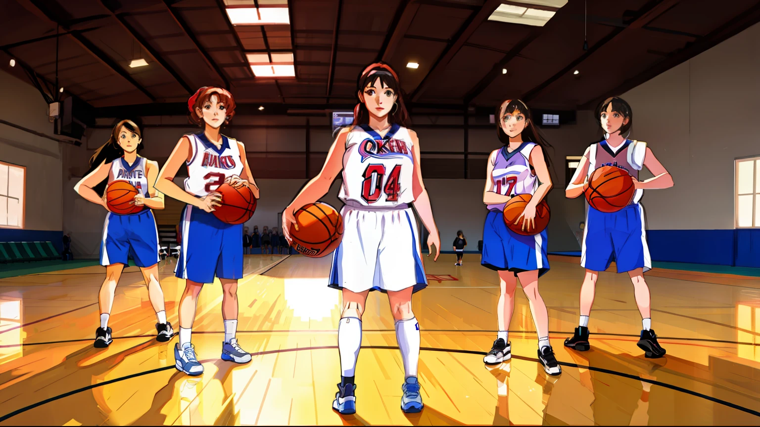 Five women,Indoor basketball court,