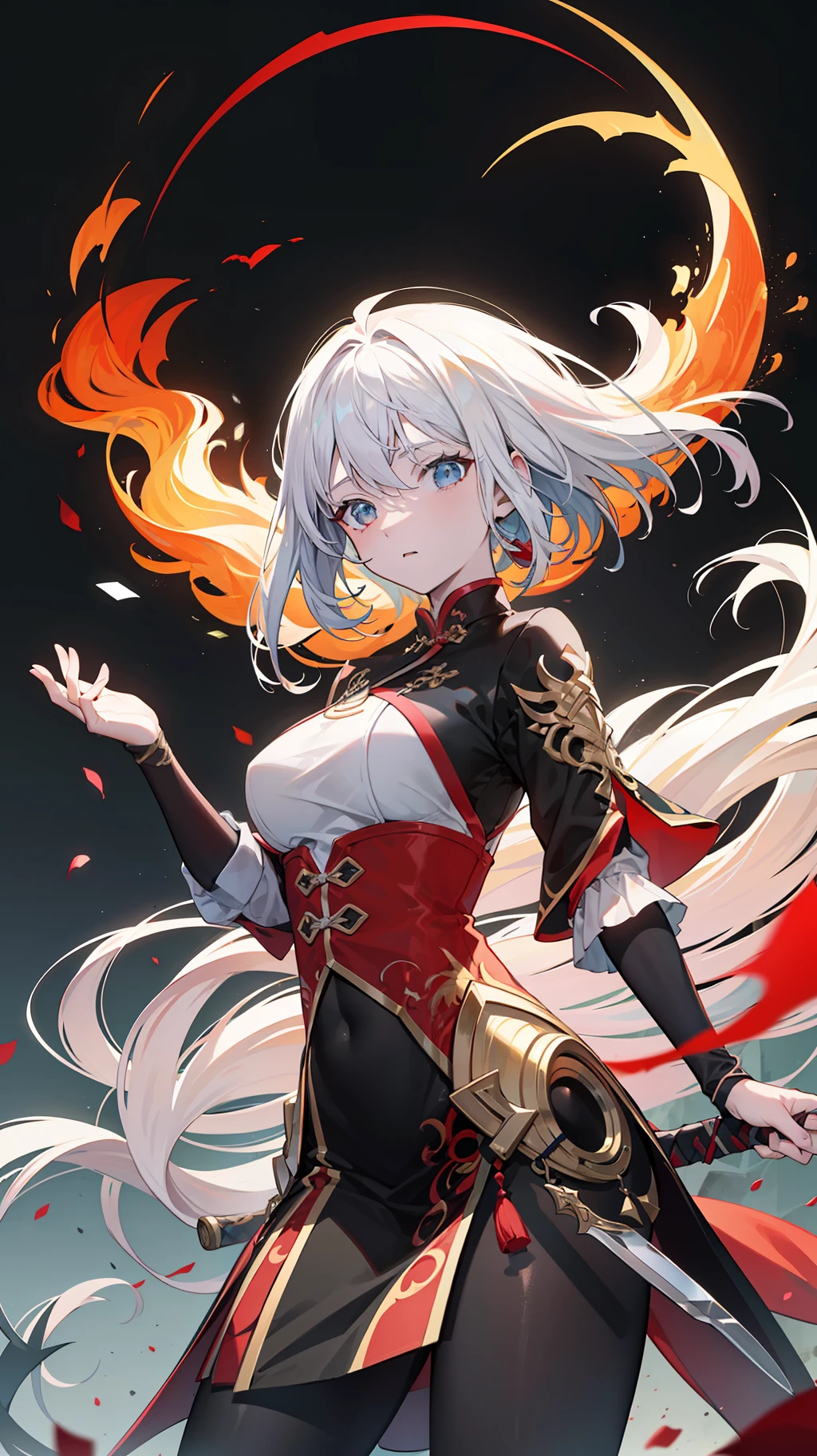 RAW photogr，best qualtiy，tmasterpiece，超高分辨率，（realisticlying：1.4），Anime a poster，1 hand holding a large long knife，Two hands，wave，Traditional Chinese ink style，Girl Dragon Slayer，The main color is red, White, black ink，Dynamic movements，dynamicposes，sport，full bodyesbian：：1 Amazing Vector in oil painting environmental art cinematic， diorama， Complicated details， 独奏， shift dresses， Floating_Hair，Milky white skin