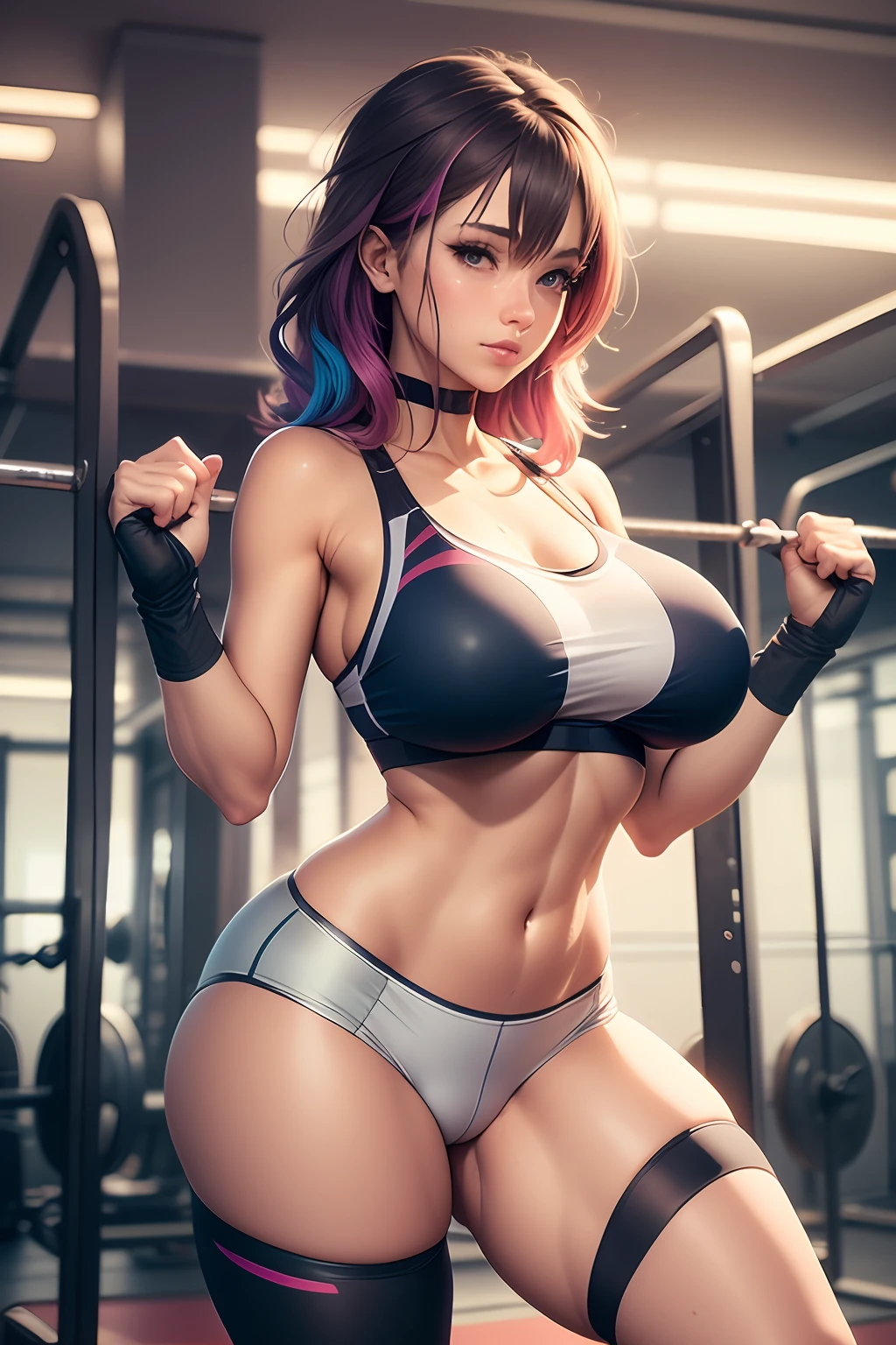 Two young women, (anime), full body poses, exercising intensively in a gym, wearing sport bras and thong made of see-through fabric, with sweat glistening on their bodies. Both have detailed short and messy multicolored hair with smirks face, and one of them has visible pubic hair. They have toned athletic bodies whit slim waist and huge sized breasts. (puffy nipple:1.3)