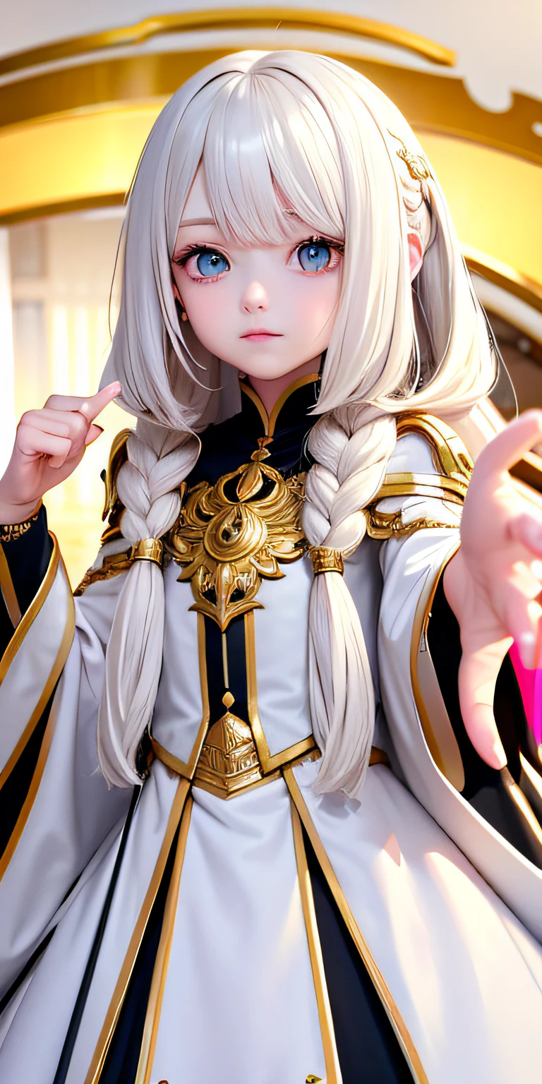 Need,tmasterpiece,whaite hair,Golden eyes,Manteau blanc,Look up,The upper part of the body,Hairline,Fair skin,SideBraid,Live-action style
