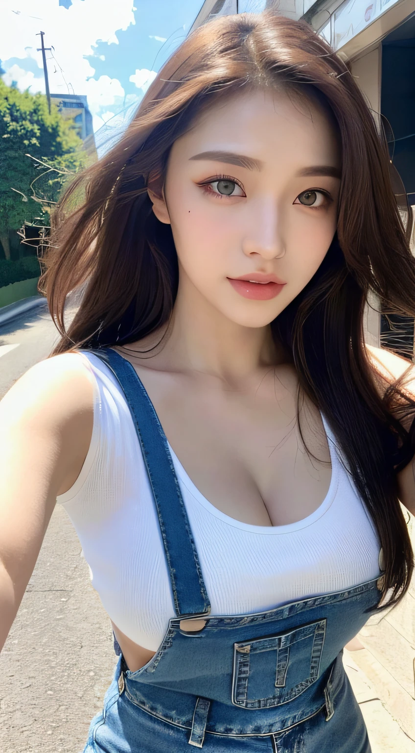 (Daytime, Excellent, 8K, Masterpiece:1.3)), Full body, Long legs, Focal length: 1.2, Perfect Body Beauty: 1.4, Slim Abs: 1.1, ((Dark Brown Hair, Big Breasts: 1.2 )), (White Skinny T-shirt, Denim Suspenders, Standing: 1.2), ((City, Blue Sky and White Clouds: 1.3)), Highly detailed face and skin texture, Detailed eyes, Double eyelids, Flying long hair
