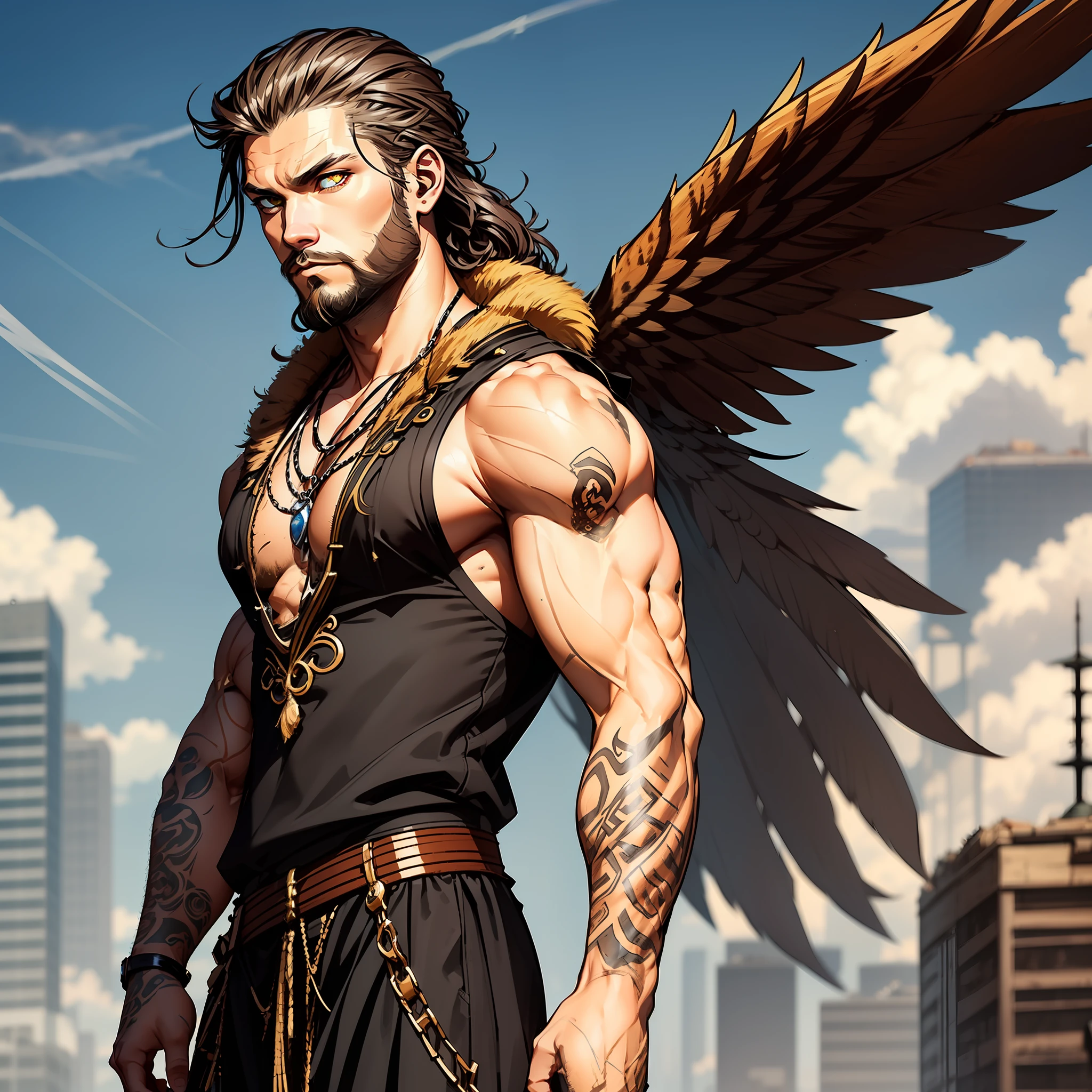 He is a tall and muscular man with dusty brown viking-style hair. His striking yellow cat eyes captivate attention. Notably, he possesses majestic black angel wings, adding to his fascinating aura.