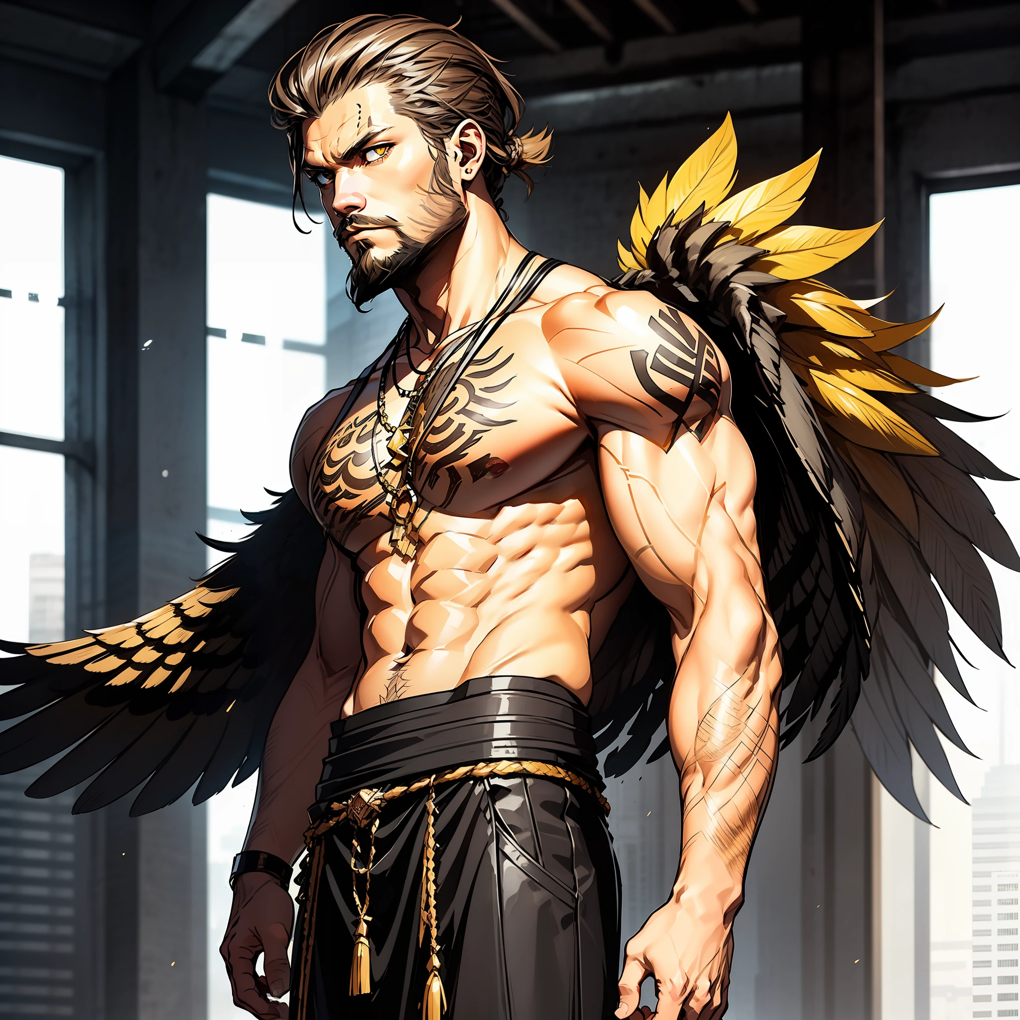 He is a tall and muscular man with dusty brown viking-style hair. His striking yellow cat eyes captivate attention. Notably, he possesses majestic black angel wings, adding to his fascinating aura.