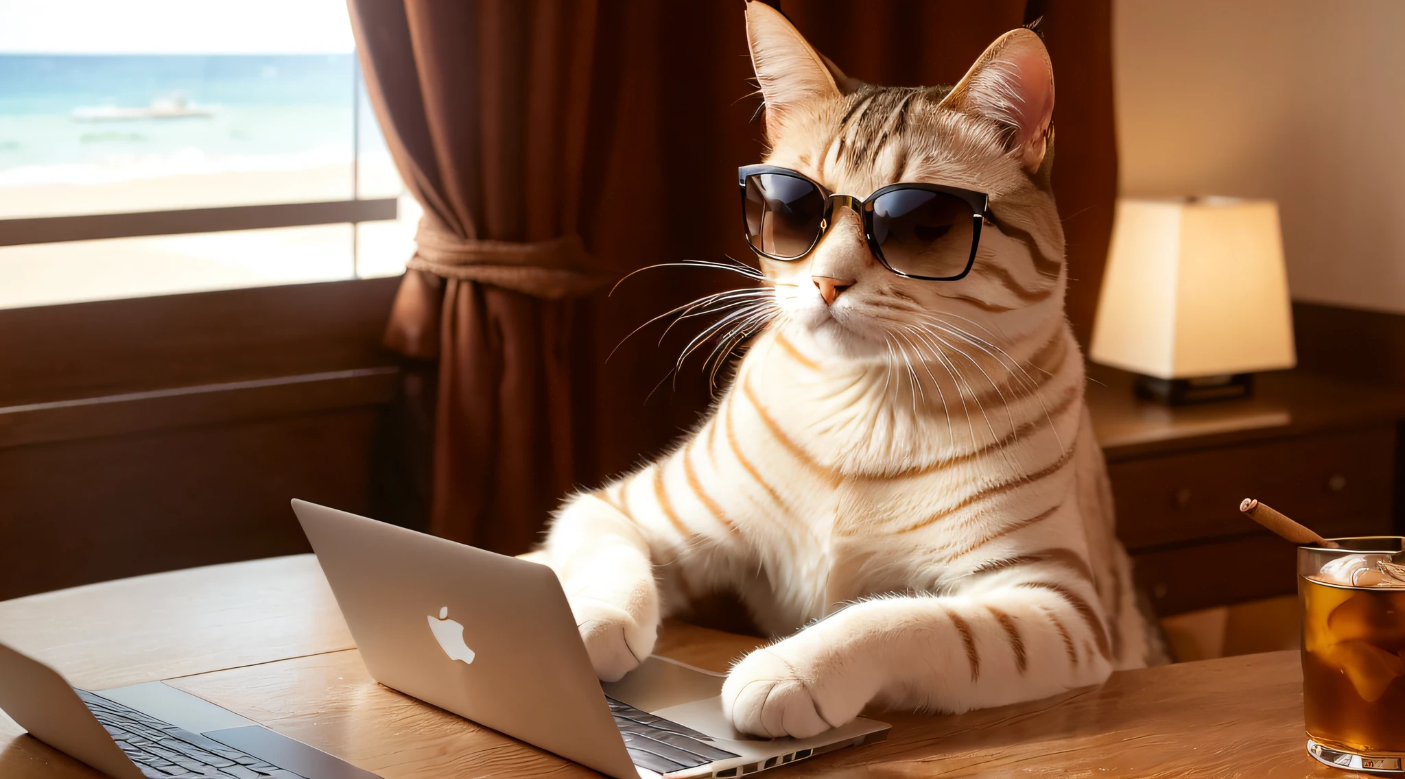"A stylish cat wearing sunglasses confidently uses a MacBook in a luxurious office overlooking the stunning beach while enjoying a cigar and sipping on a glass of whisky, cinematic ambiance, 8K, Professional photo, Delicate, Clear, Sunshine, Light Leak, Masterpiece, ((Pretty))), (Reality), Plush Toy, Round Pupils