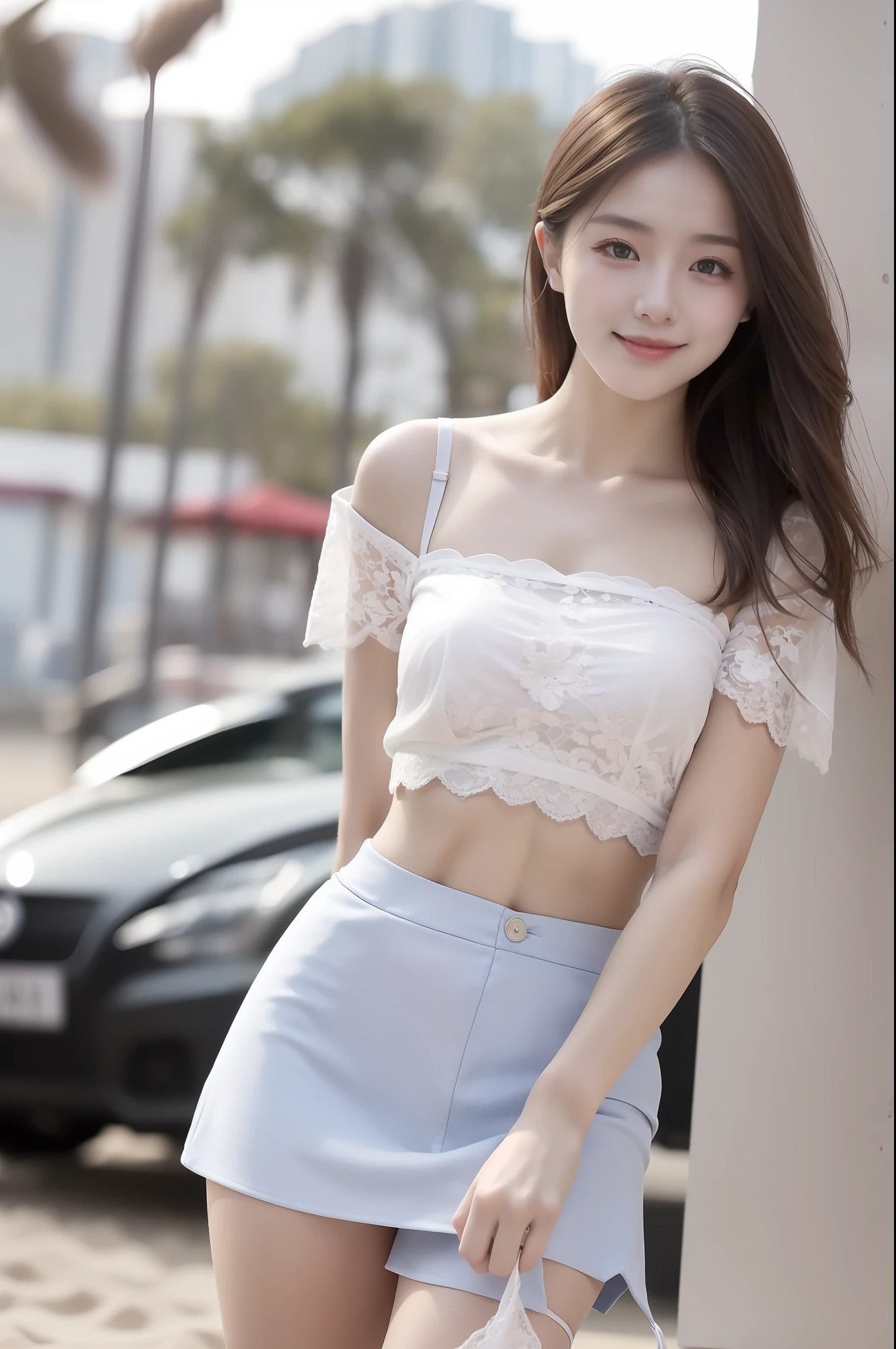 high detal,8K分辨率,超高分辨率,Young beautiful girl slightly fat,((waist-up)) ，full bodyesbian，A cute girl，long whitr hair，Bright and clear eyes,(voluminous hair,鎖骨,Exquisite and perfect facial features, the most beautiful big eyes,Long eyelashes,Wear a lace suspender bandeau top，Skirt，Crop topping，sweet eyes,ssmile)，dynamic angle,Extreme picture quality,Highest accuracy,Precise and perfect human anatomy，with blue sky and white clouds，On the beautiful seaside，sandbeach。