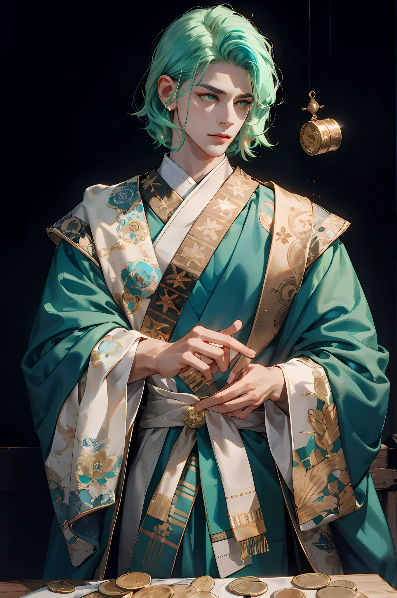 HighestQuali,ember,(1人),focal,closeup cleavage,Large photography close-up,Hairstyle short,(fluffly),curlies(cyanhair),Cyan hair,Curls。parliamentarians,Simple clothing,Simple clothing(Wide robe),Robe,(Blue-green color scheme),Streamlined gold-tone trim,Decorate on clothes(Gold streamlined)。The eye,largeeyes,Clear pupils(Green eyes),greene eyes,Serious expressions,(nipple tassels)Fine hands,CG,8K wallpaper quality,Delicate face,picture perfect,清晰的线条,Gloomy environment(Behind it is the synagogue),largeeyes,cool guy,gold coins